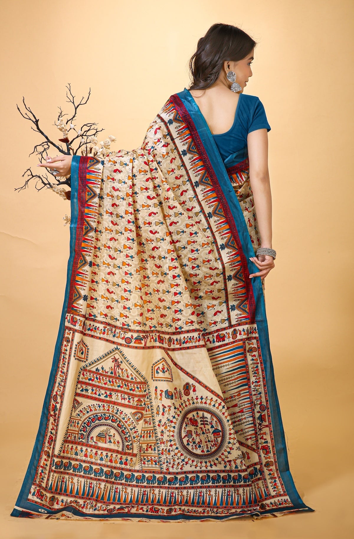 Chitrakala - Cream Blue Warli Print Cotton Saree
