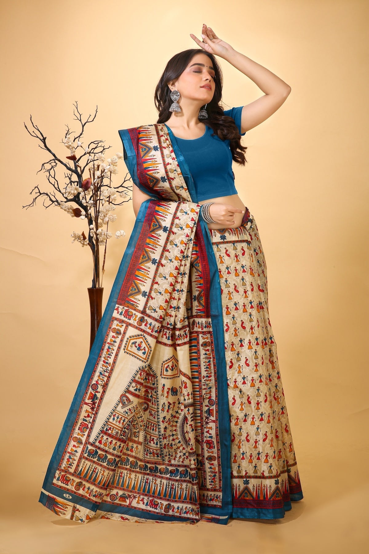 Chitrakala - Cream Blue Warli Print Cotton Saree