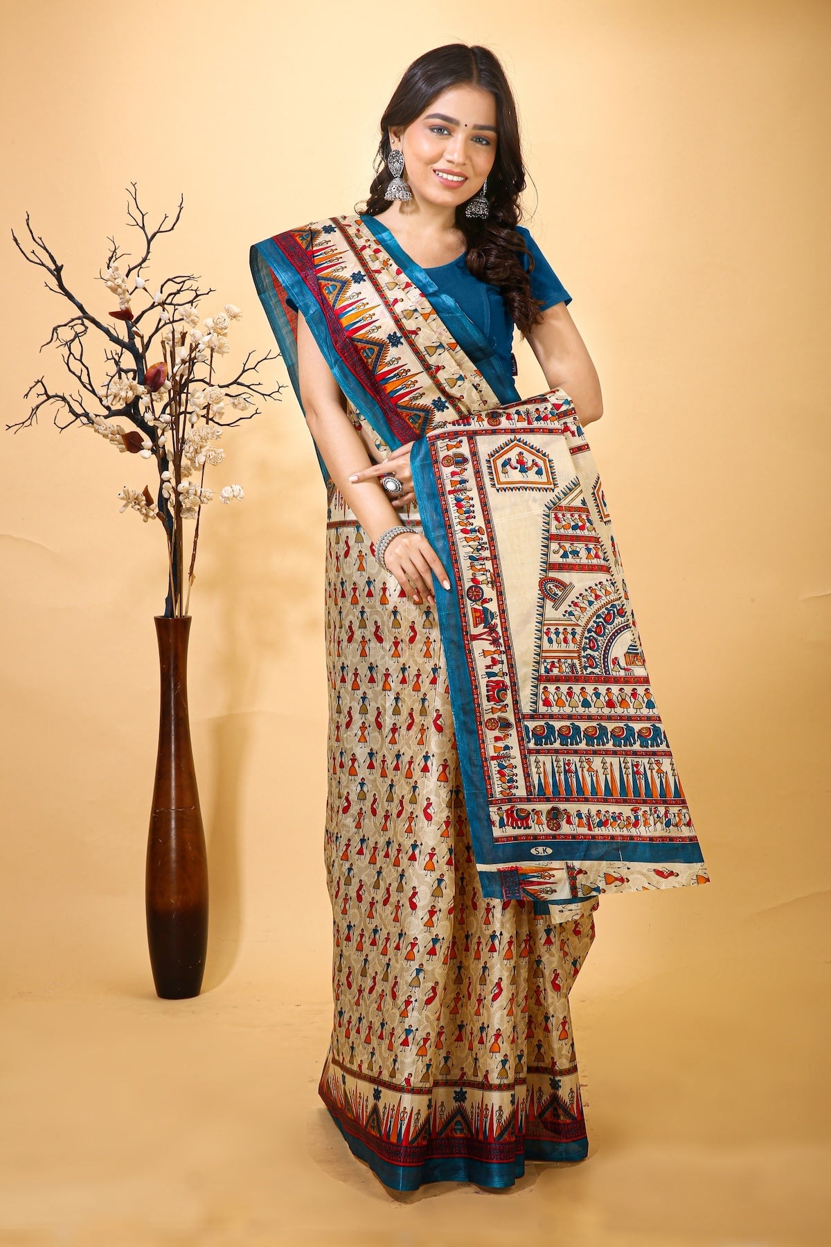 Chitrakala - Cream Blue Warli Print Cotton Saree