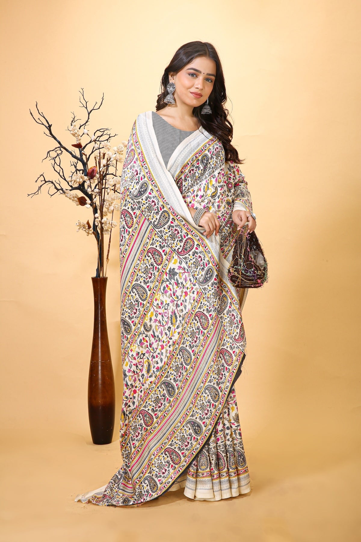 Hans - Green White Pashmina Printed Saree