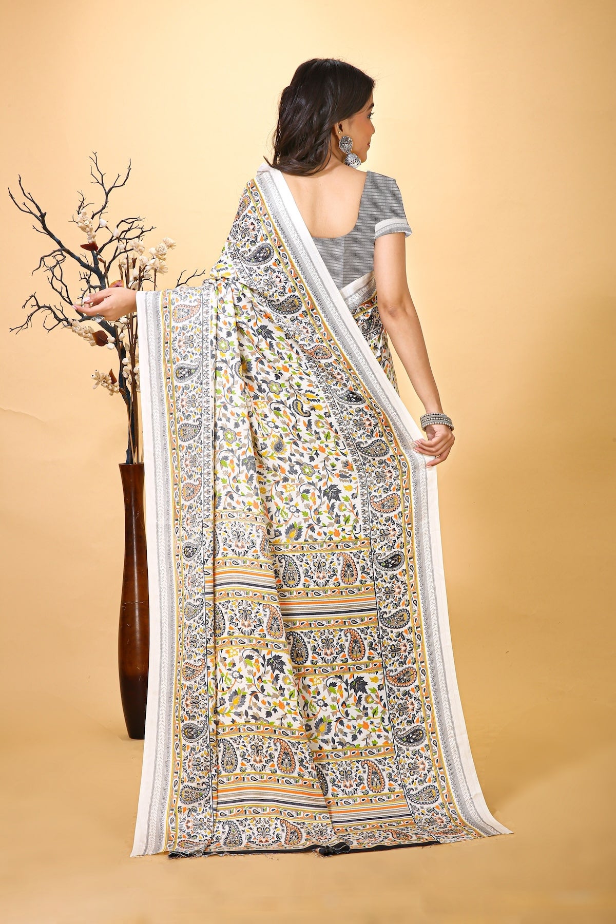 Hans - Yellow White Pashmina Printed Saree
