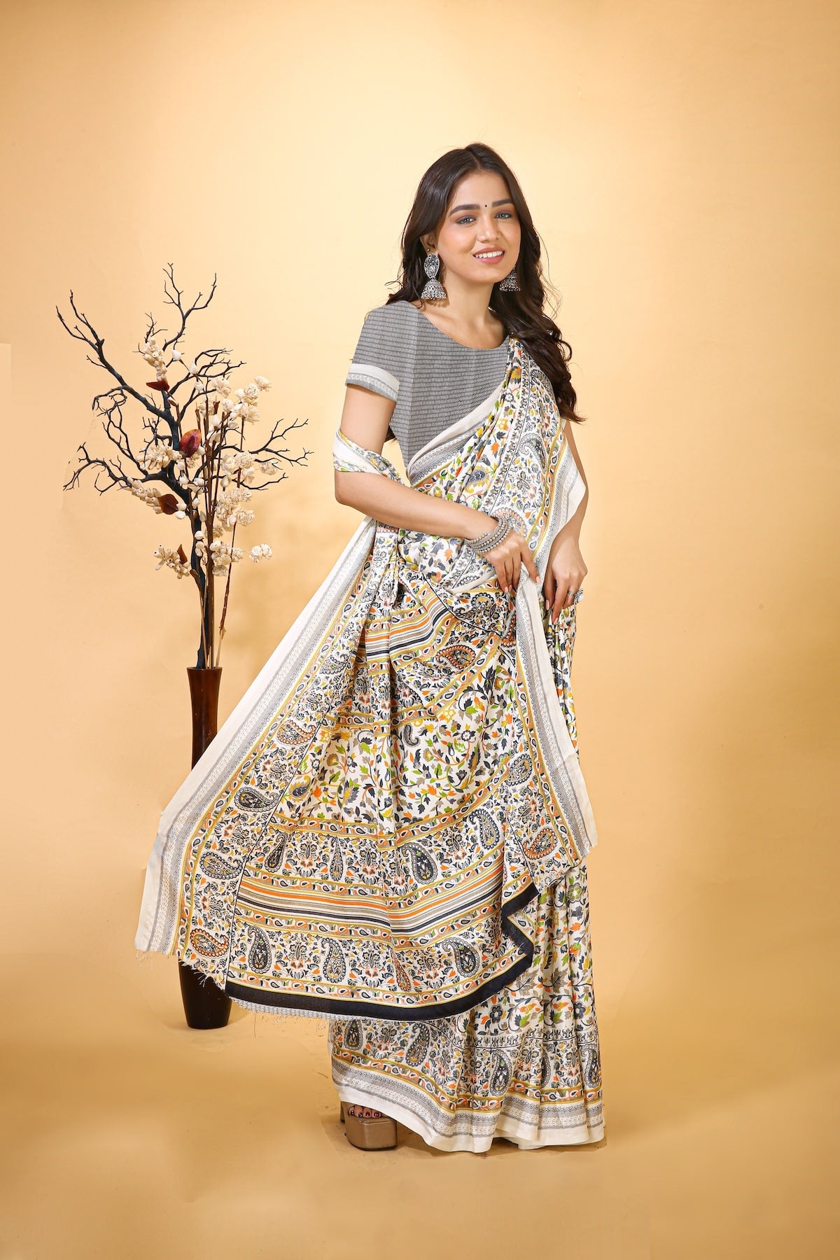 Hans - Yellow White Pashmina Printed Saree