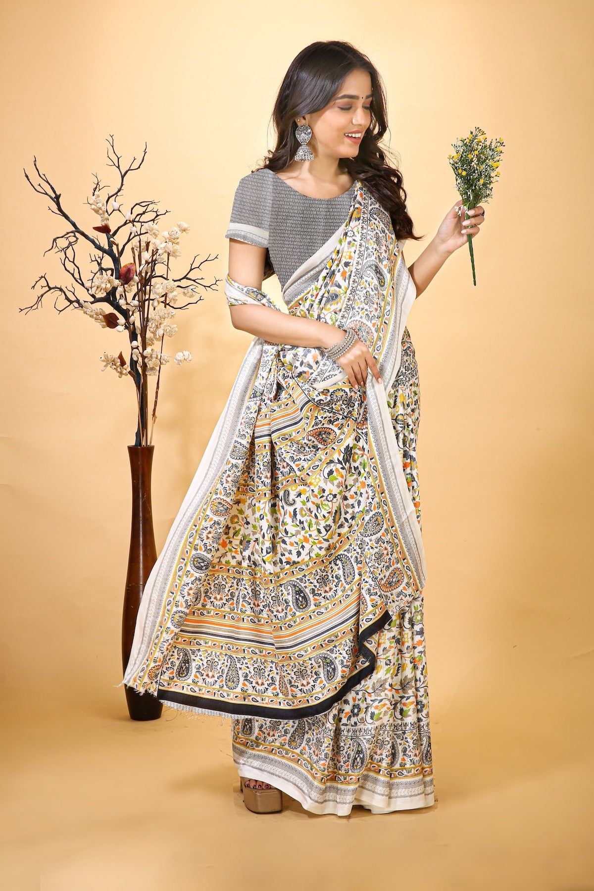 Hans - Yellow White Pashmina Printed Saree