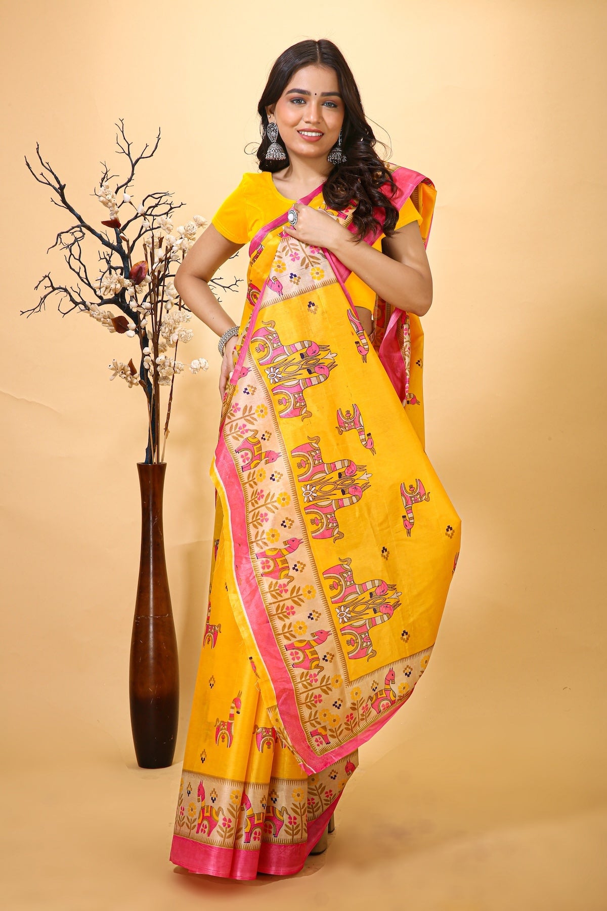 Alankriti - Yellow Cotton Horse Print Saree