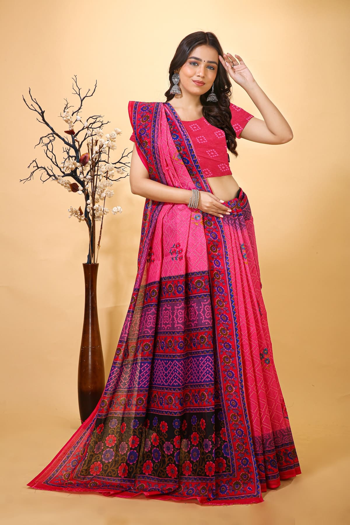 Suman - Pink Cotton Flower Print Saree