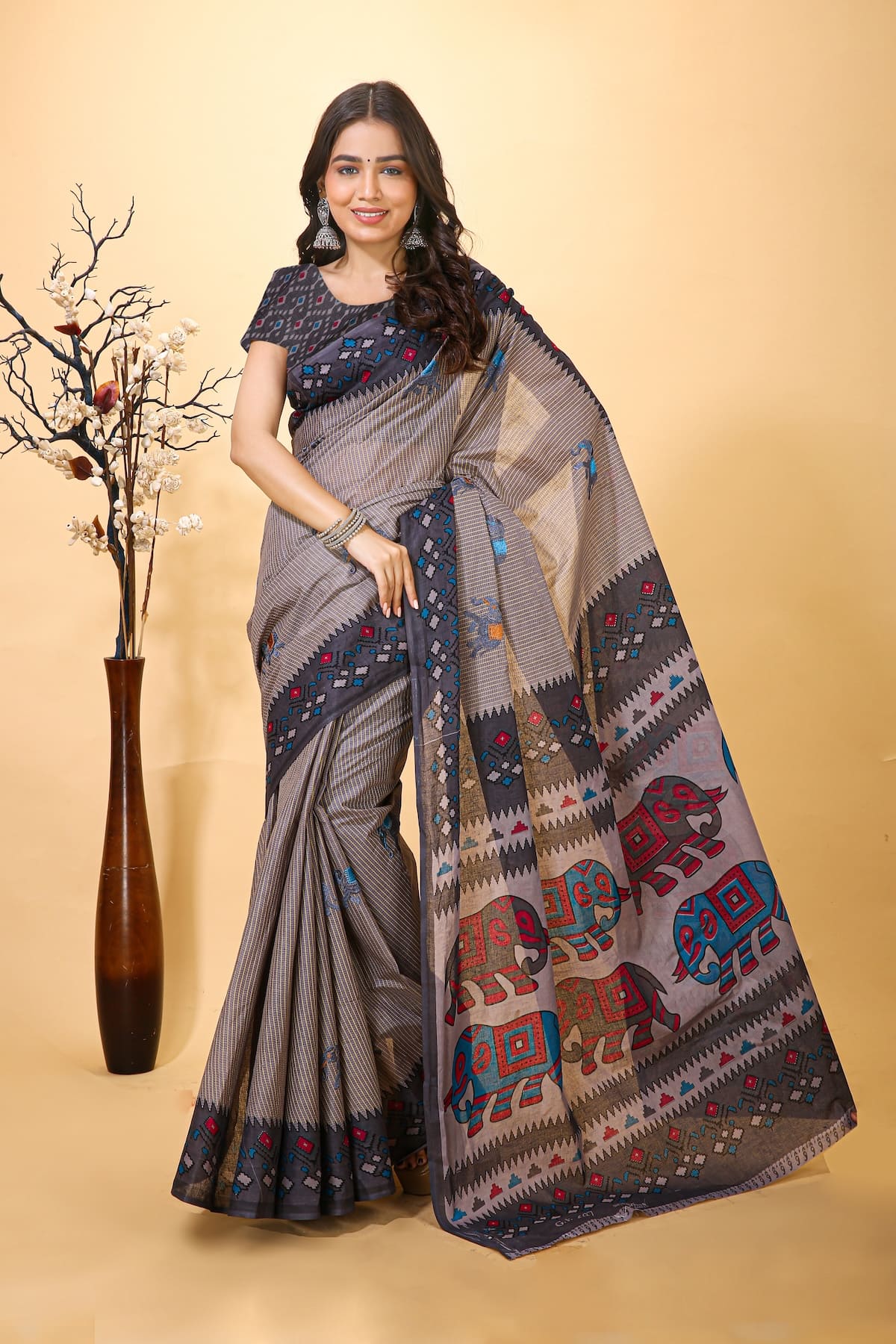 Kanan - Grey Cotton Elephant Print Saree