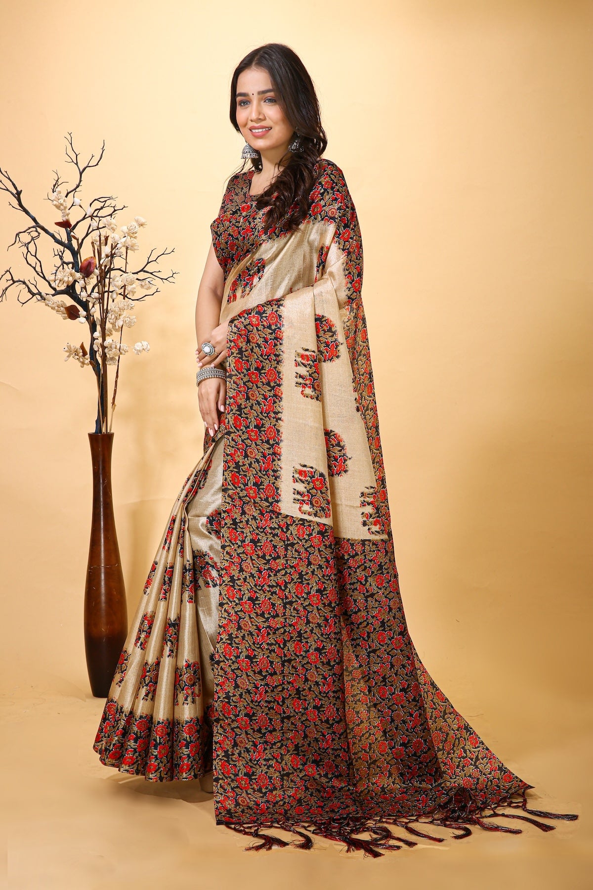 Resham - Red Cream Art Silk Printed Saree