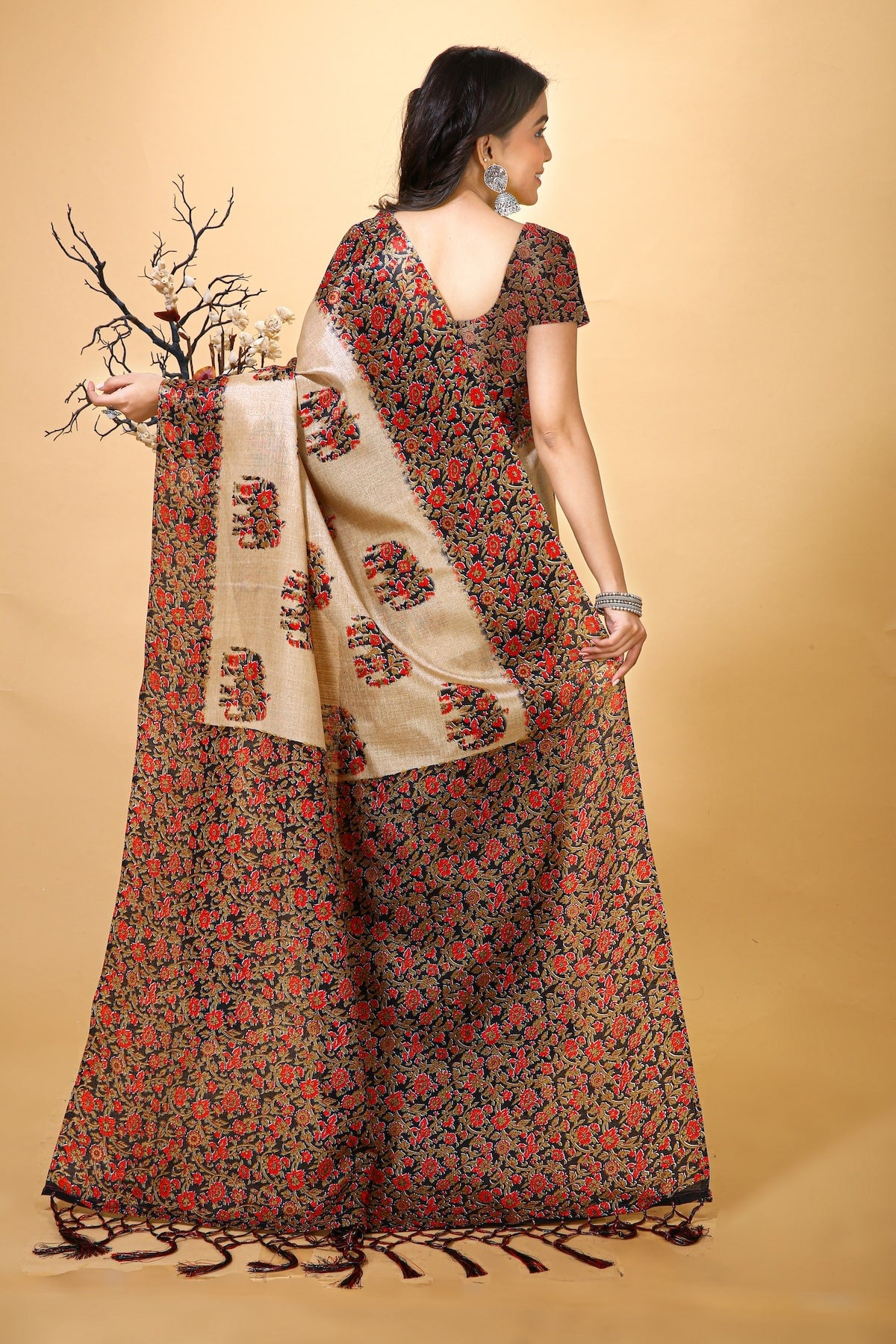 Resham - Red Cream Art Silk Printed Saree