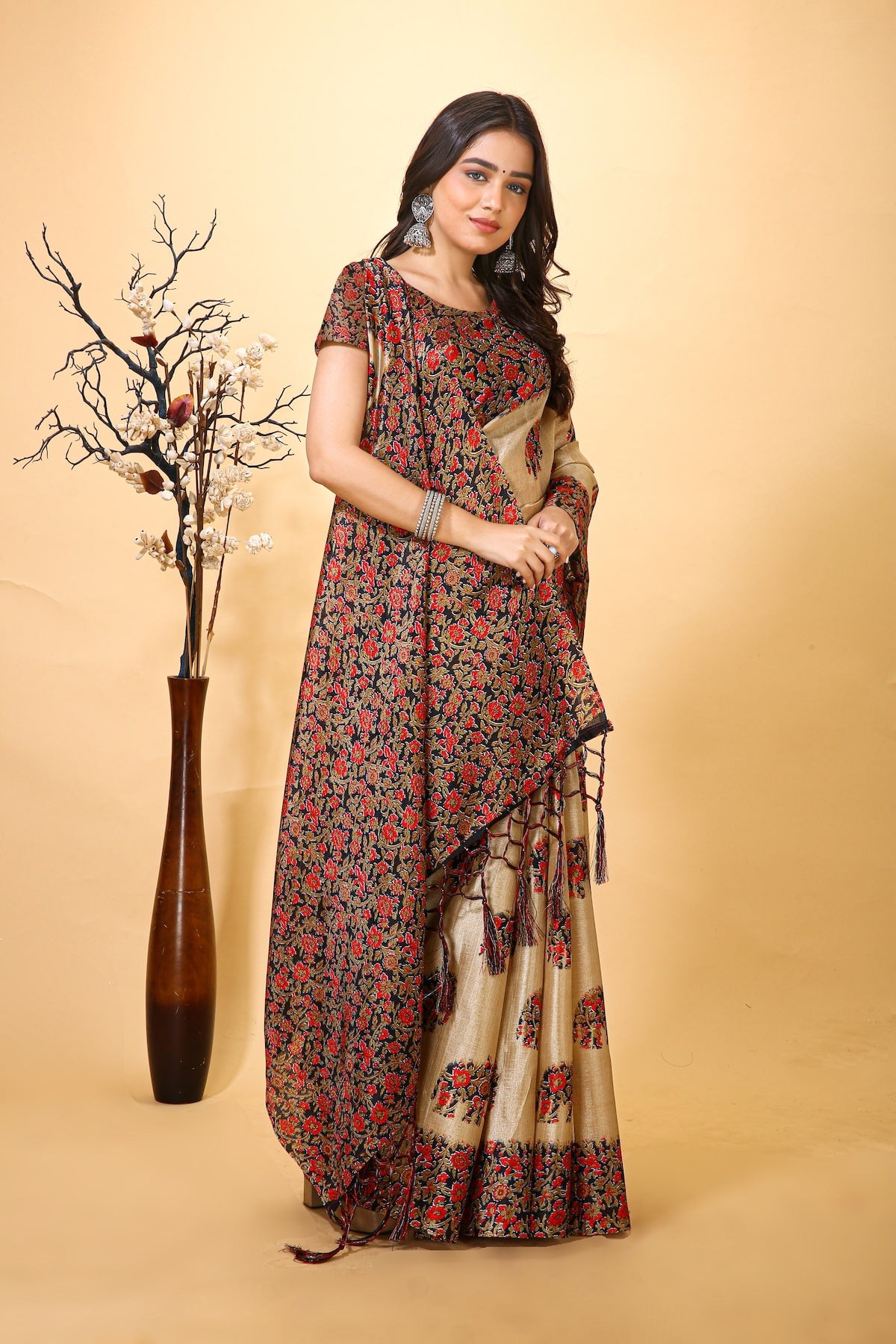 Resham - Red Cream Art Silk Printed Saree