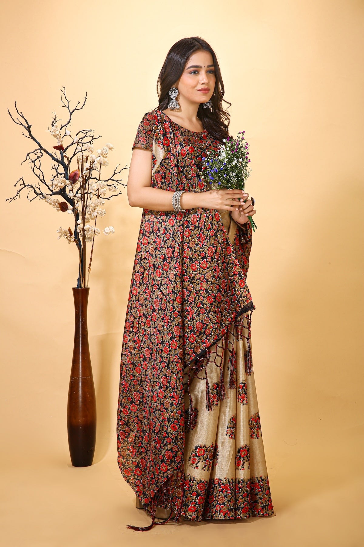 Resham - Red Cream Art Silk Printed Saree