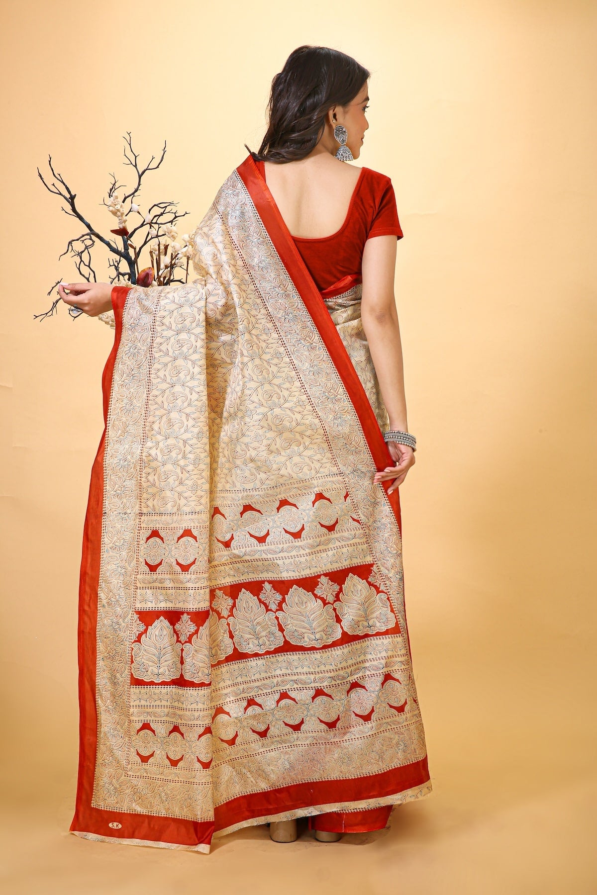 Ankur - Red Cream Cotton Embroidered Saree
