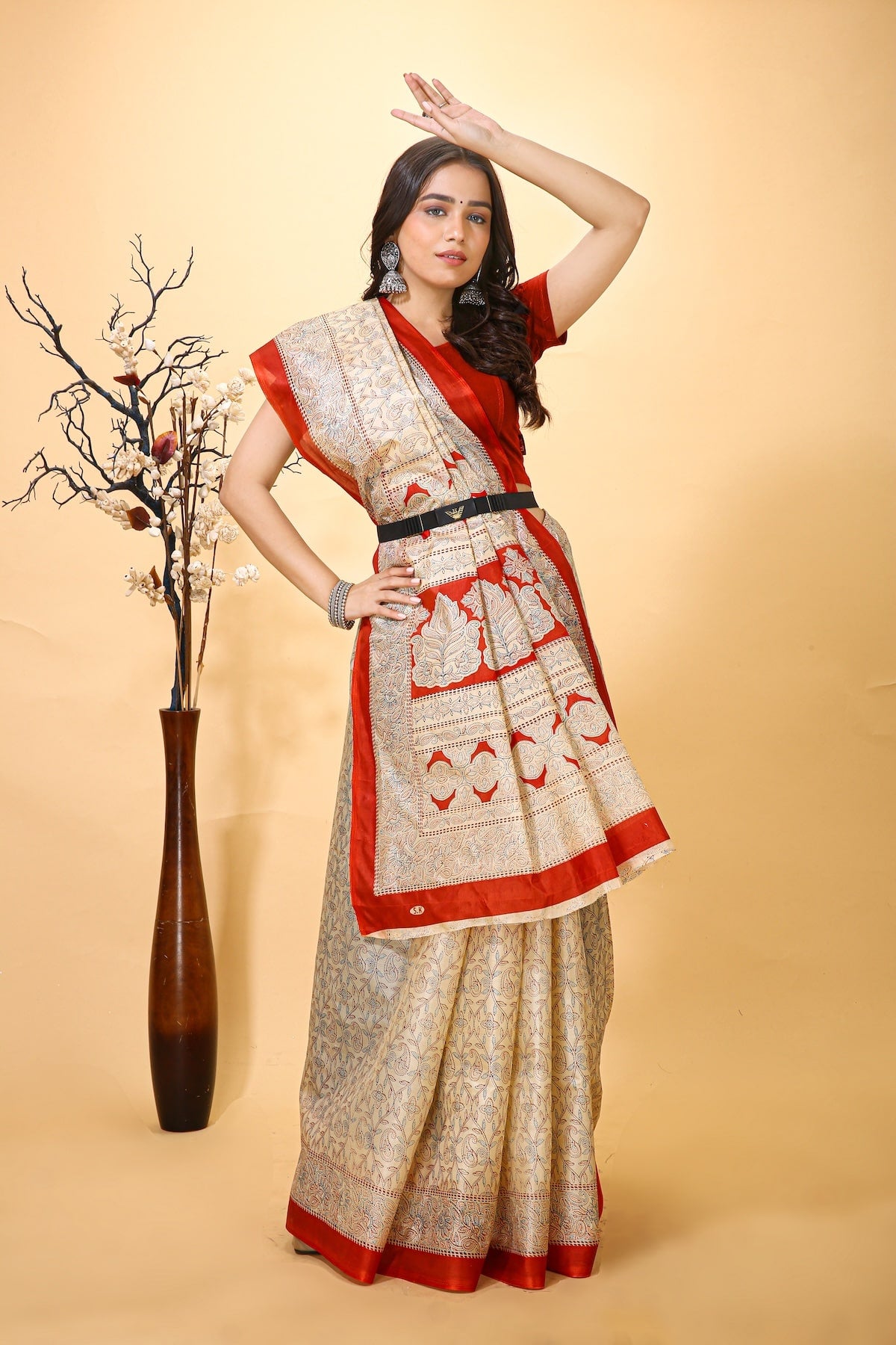Ankur - Red Cream Cotton Embroidered Saree