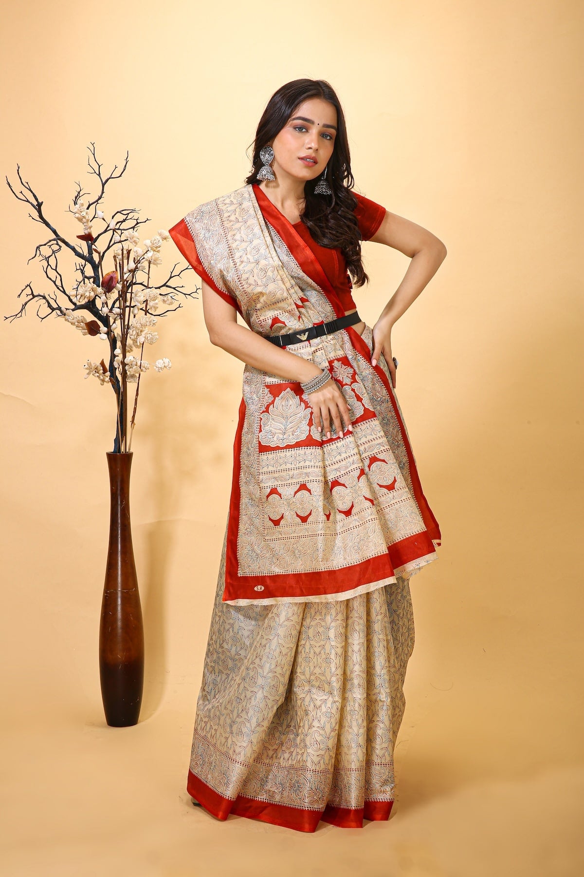 Ankur - Red Cream Cotton Embroidered Saree