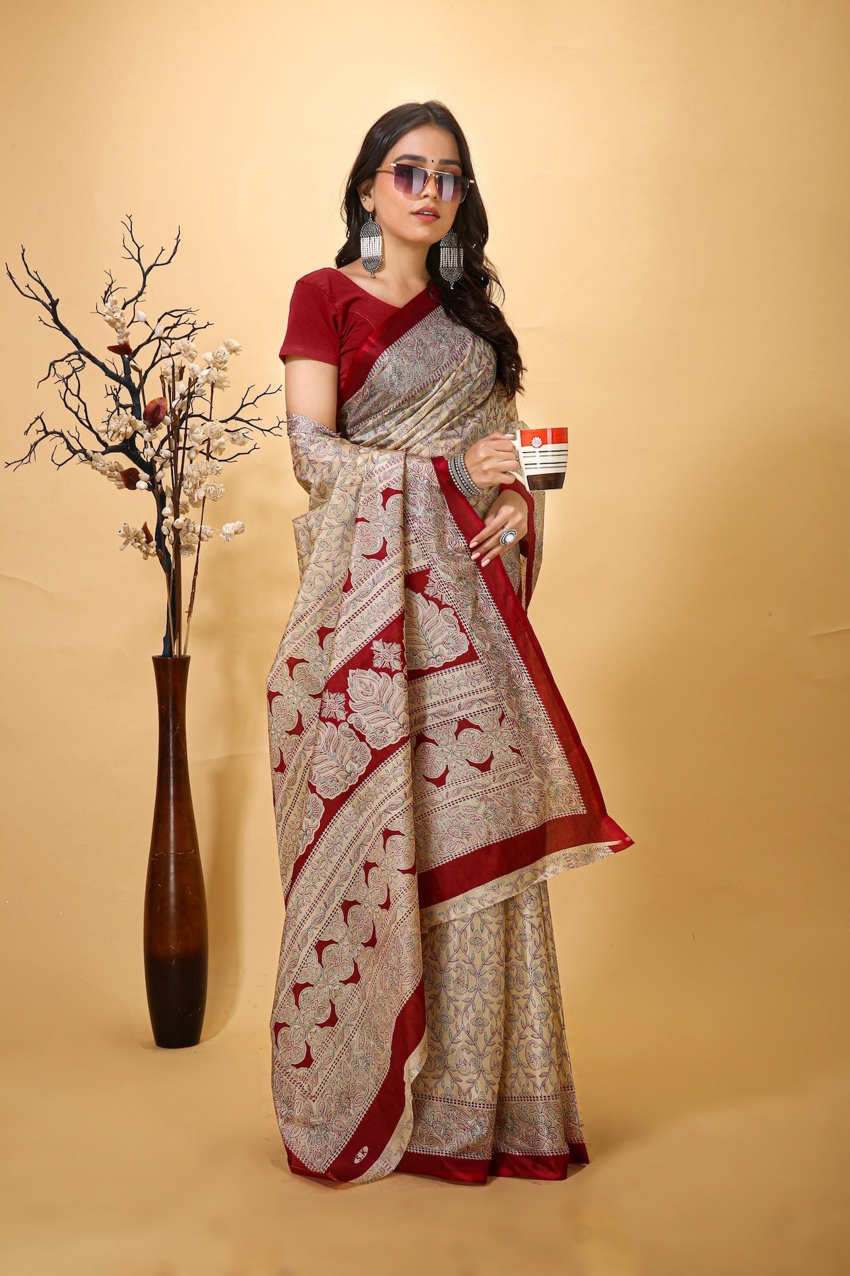 Ankur - Maroon Cream Cotton Embroidered Saree