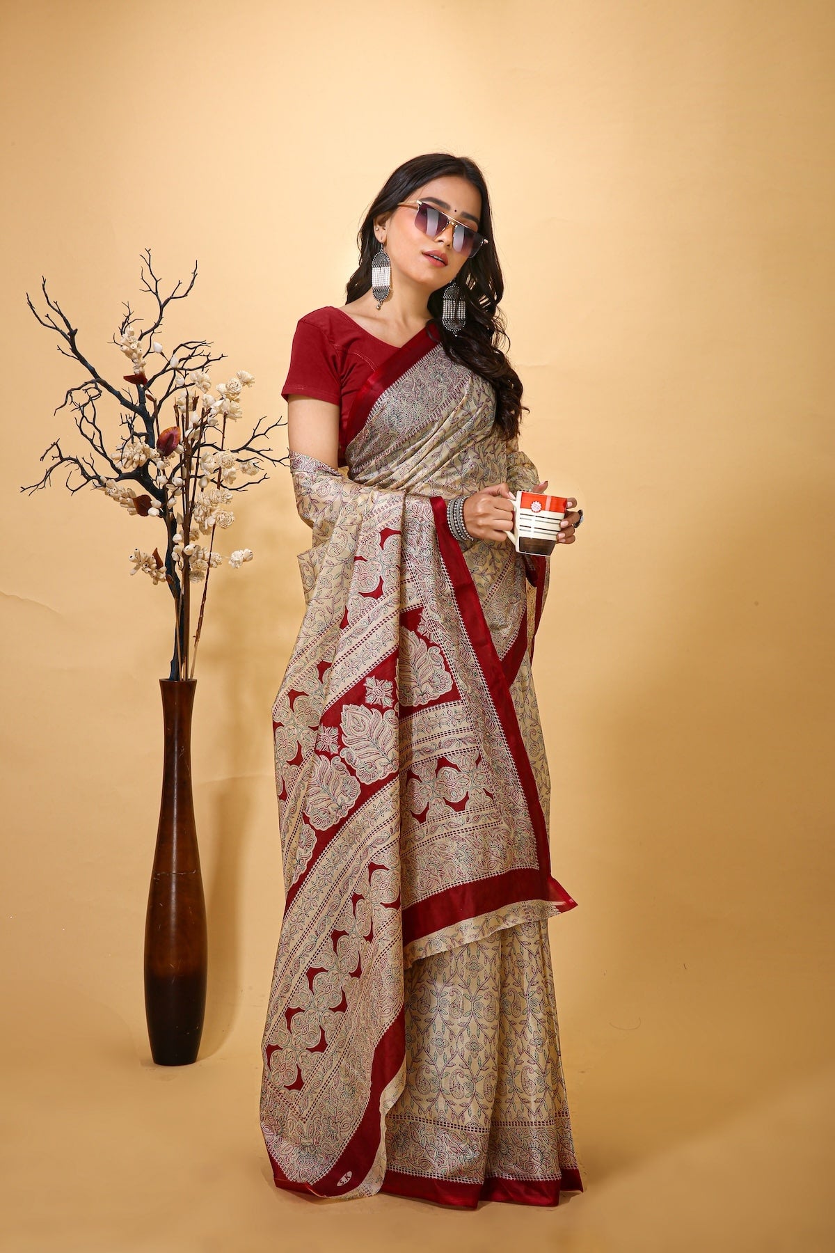 Ankur - Maroon Cream Cotton Embroidered Saree
