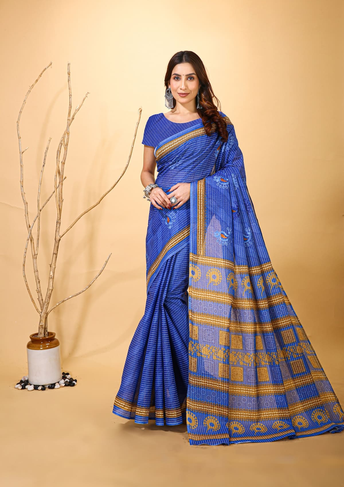 Mridul - Dark Blue Mustard Cotton Saree