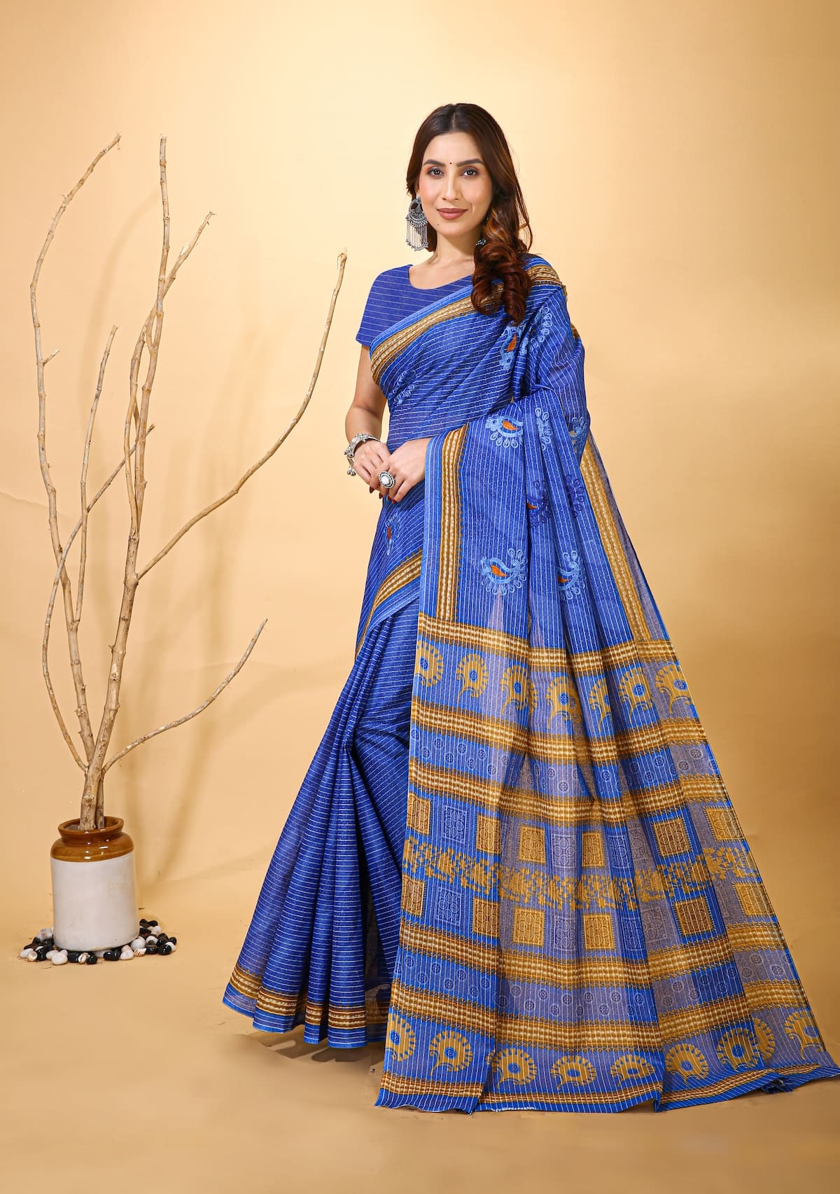 Mridul - Dark Blue Mustard Cotton Saree