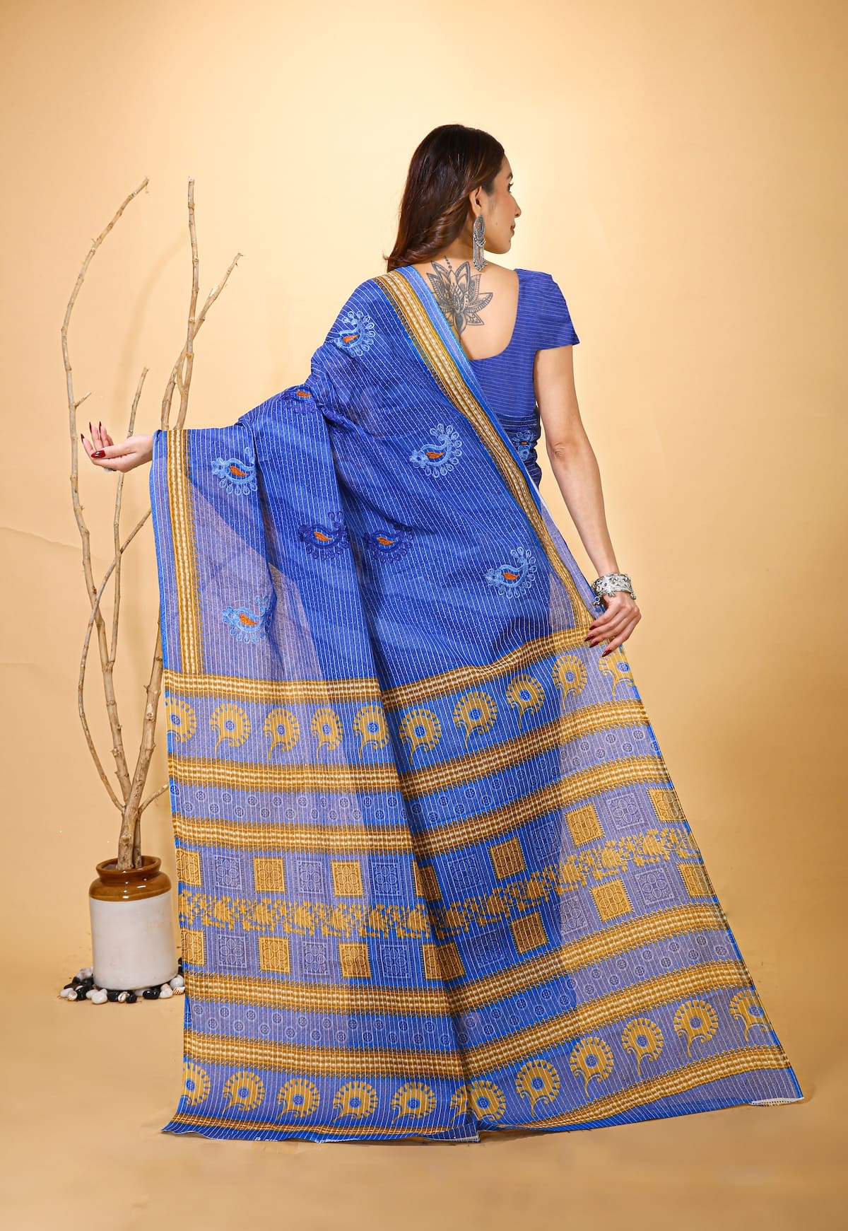 Mridul - Dark Blue Mustard Cotton Saree