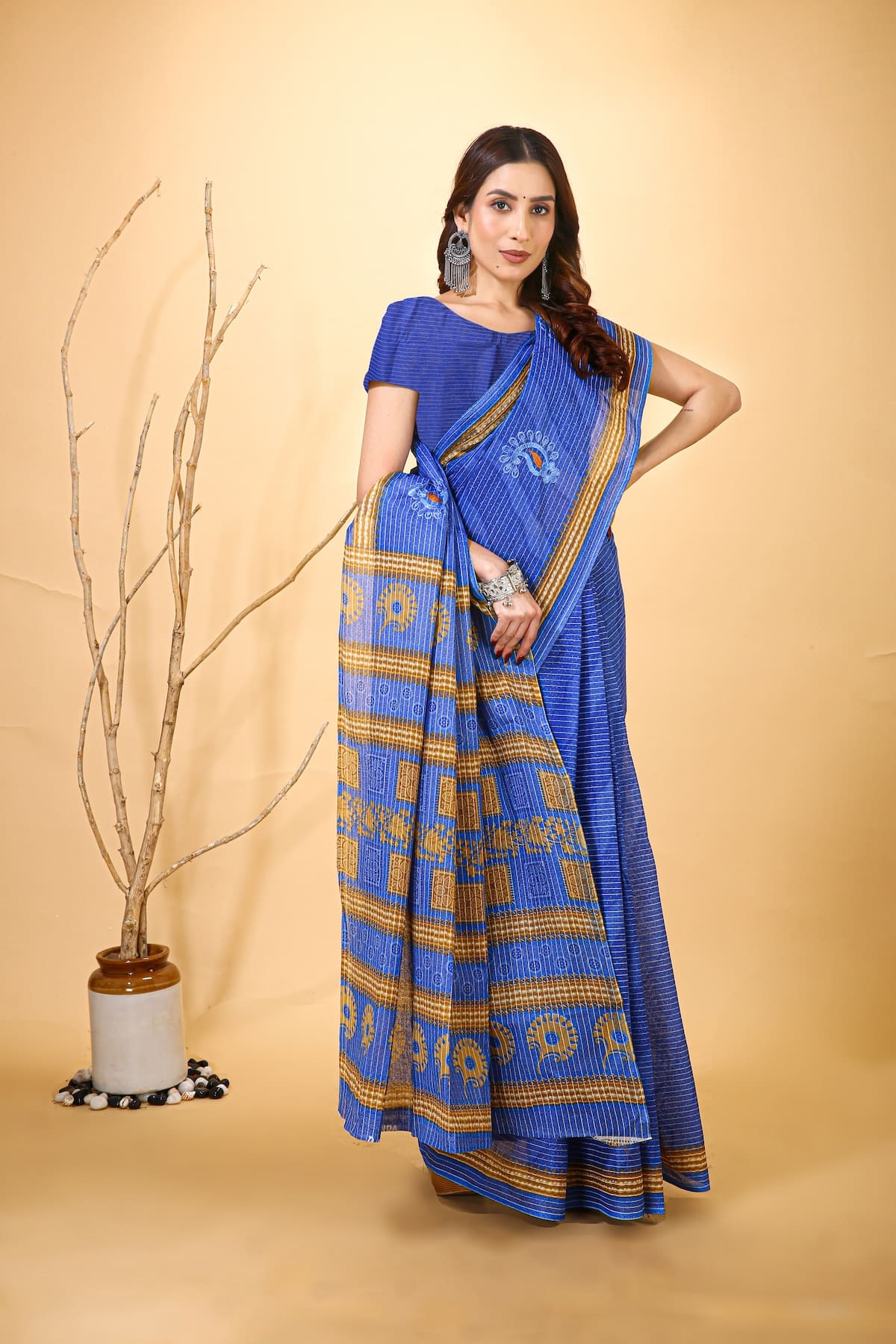 Mridul - Dark Blue Mustard Cotton Saree