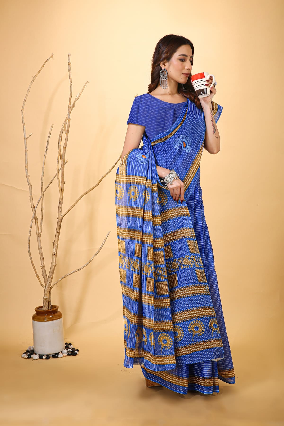 Mridul - Dark Blue Mustard Cotton Saree
