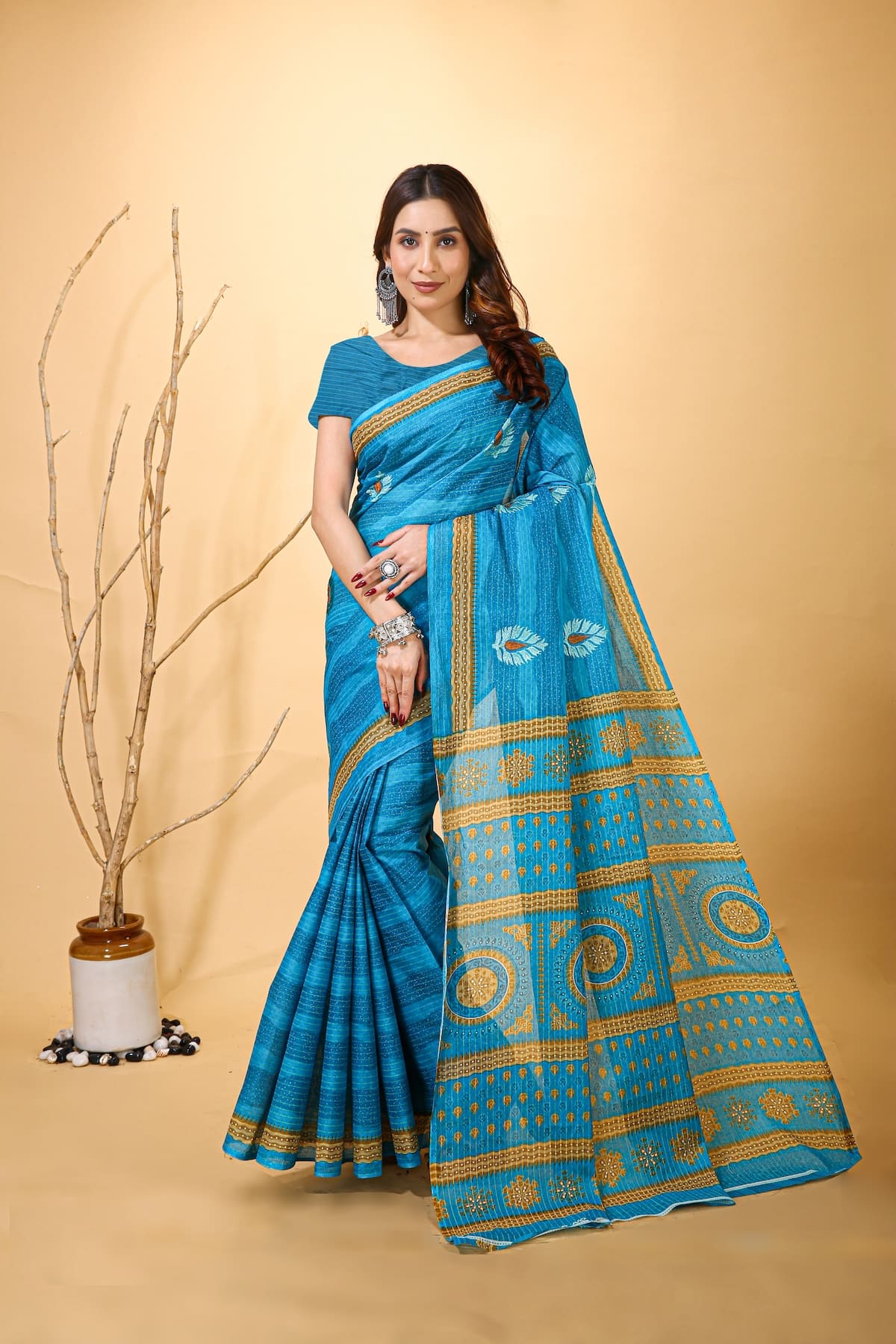 Rangini - Blue Yellow Cotton Saree