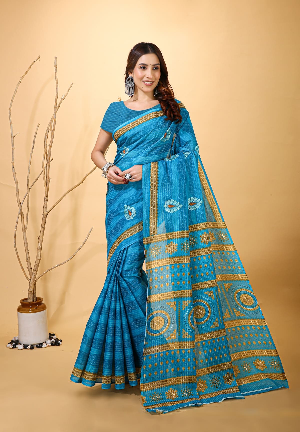 Rangini - Blue Yellow Cotton Saree