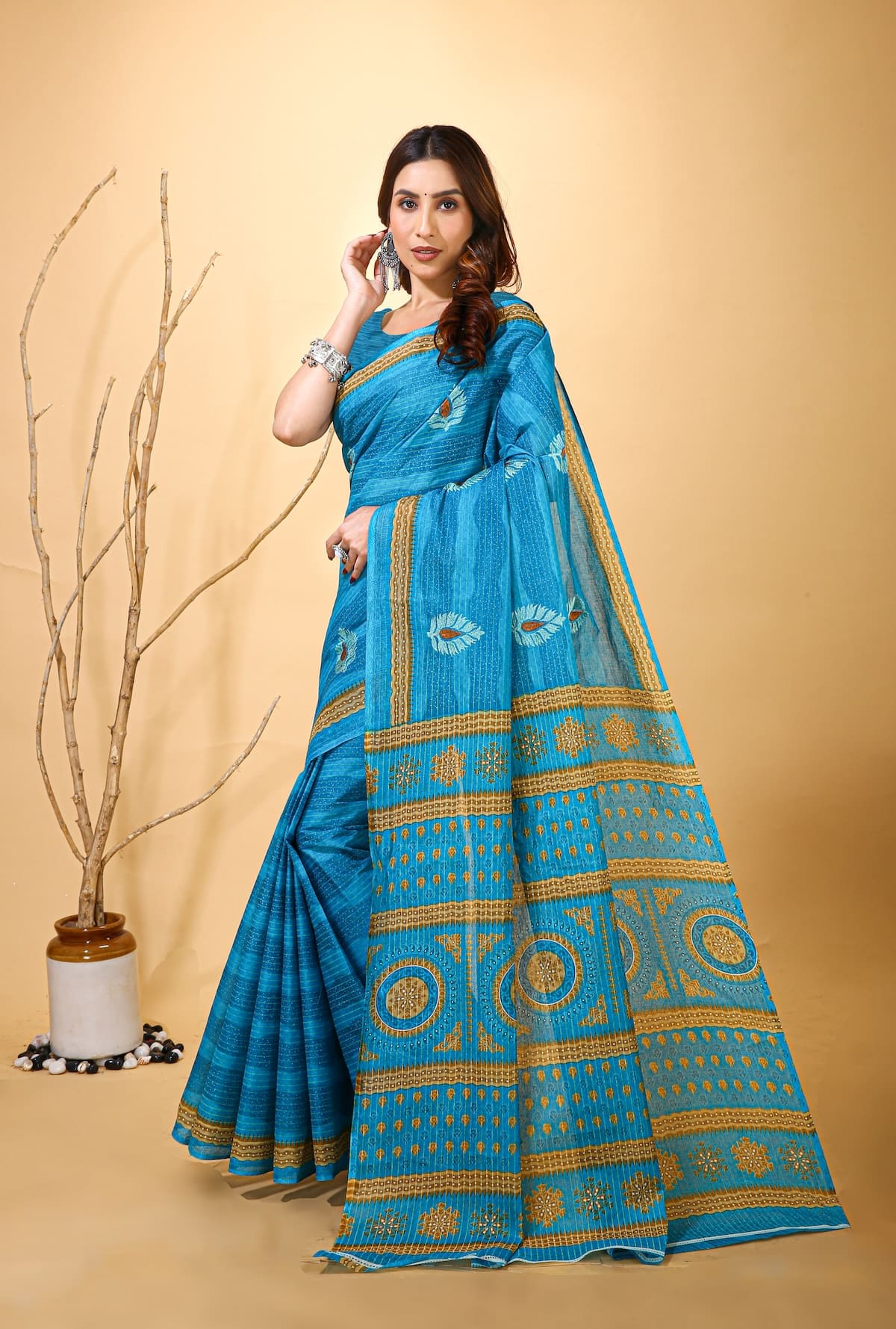 Rangini - Blue Yellow Cotton Saree