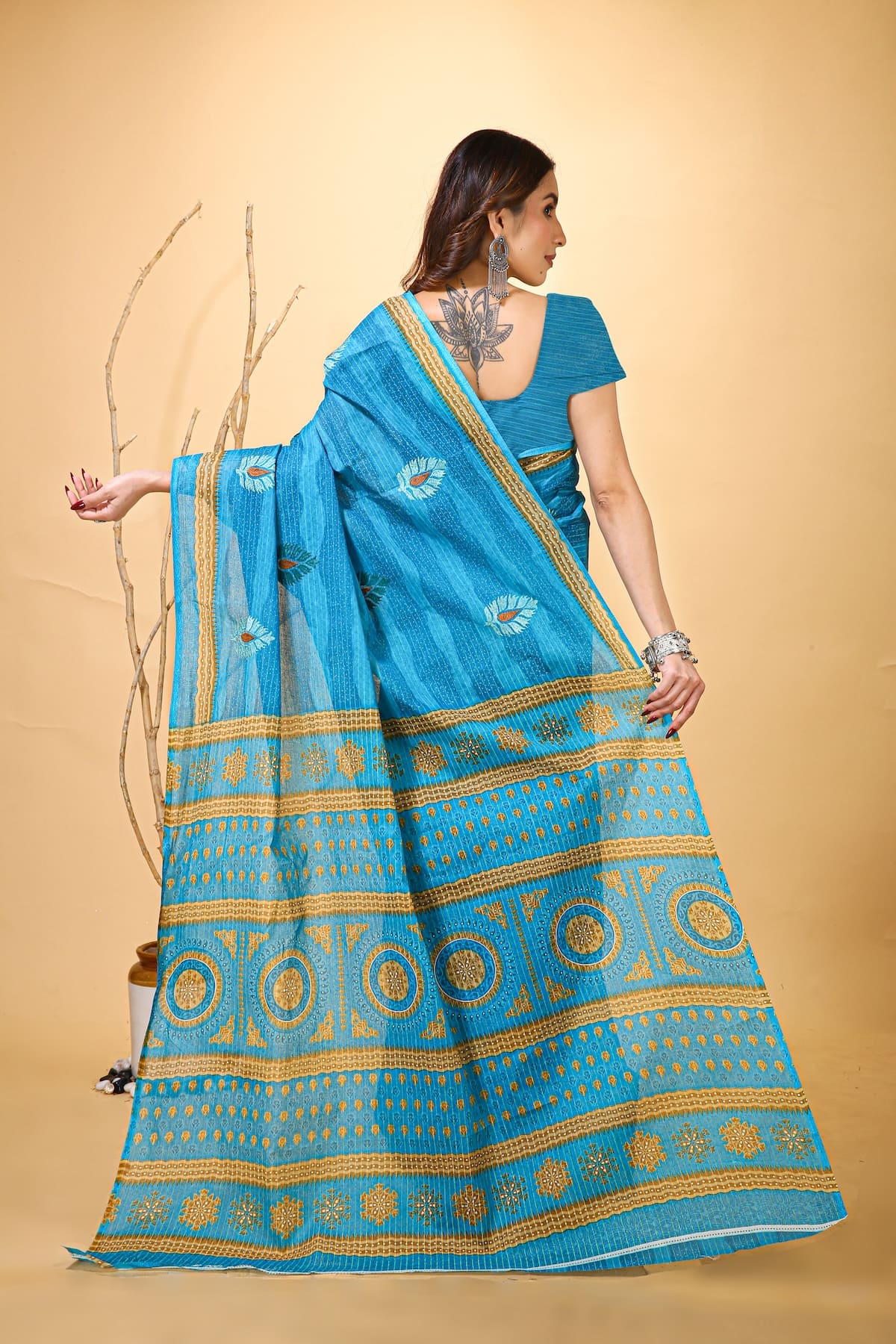 Rangini - Blue Yellow Cotton Saree
