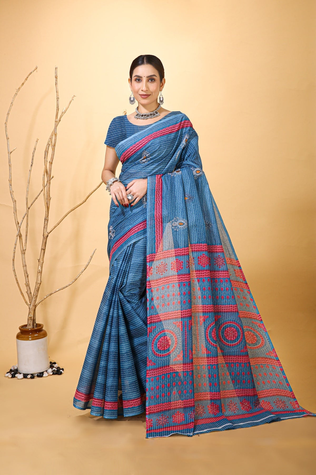 Rangini - Navy Blue Red Cotton Saree
