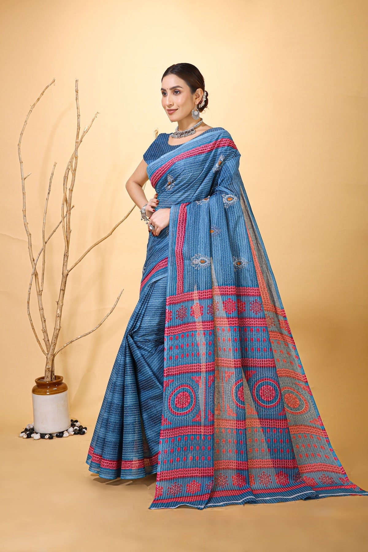 Rangini - Navy Blue Red Cotton Saree