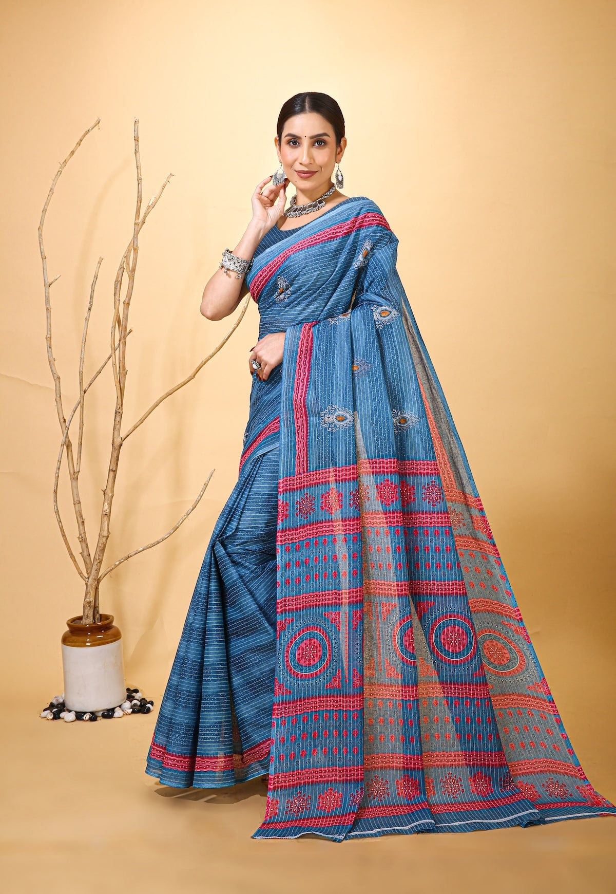 Rangini - Navy Blue Red Cotton Saree