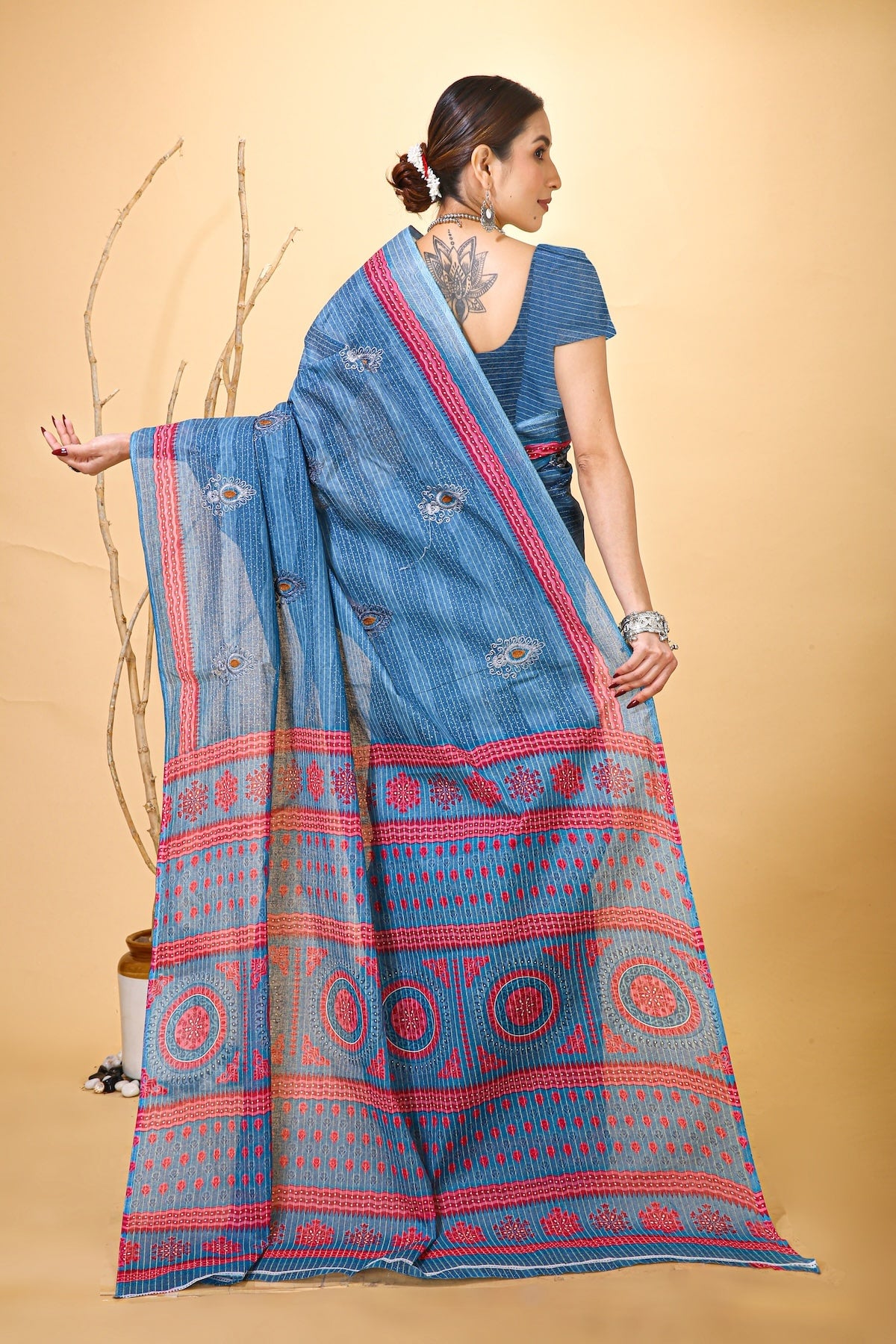 Rangini - Navy Blue Red Cotton Saree