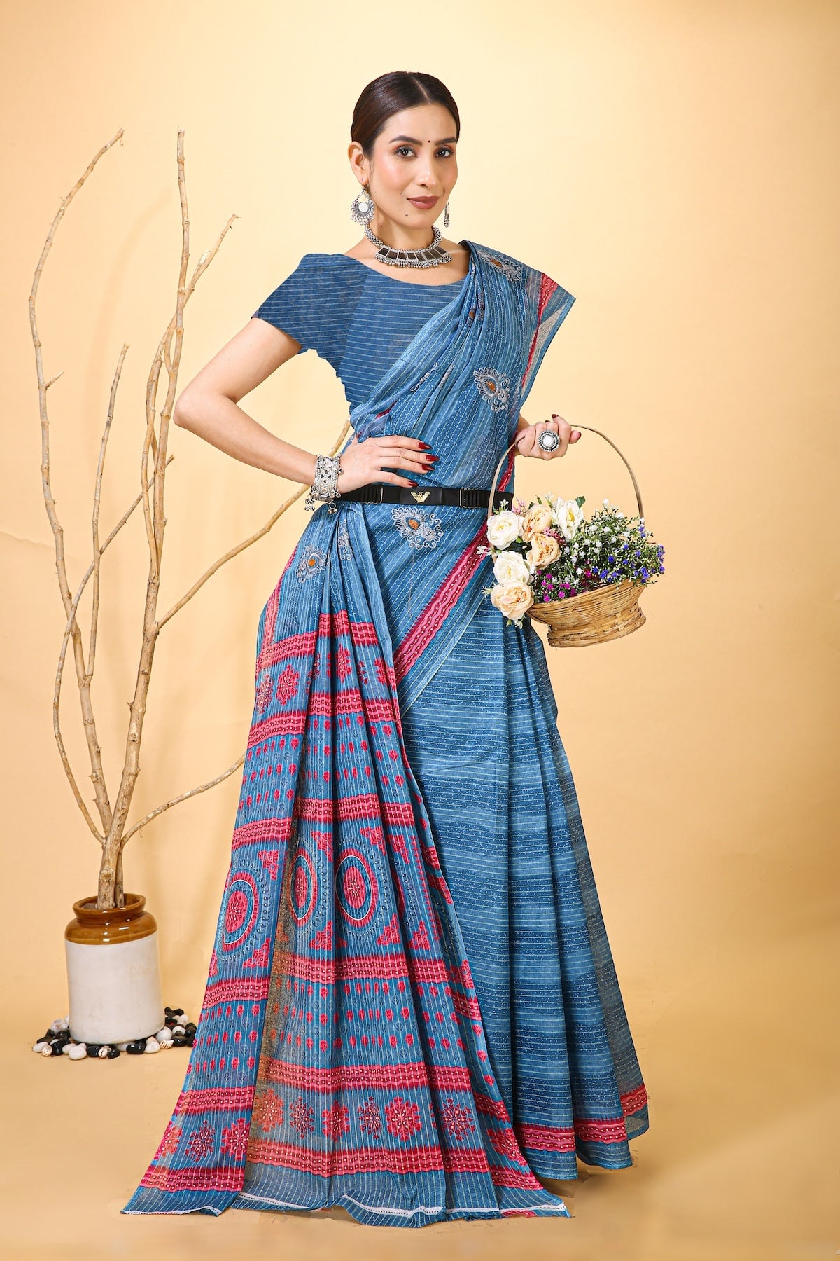 Rangini - Navy Blue Red Cotton Saree
