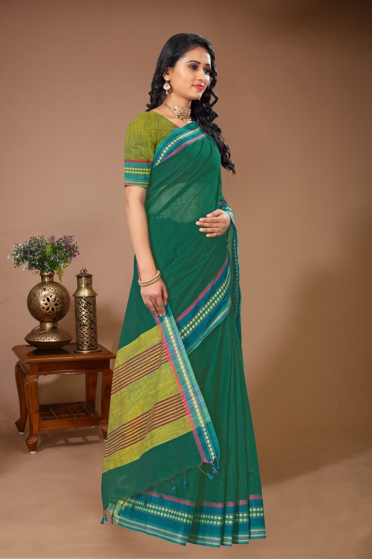 Sahaj - Green Blue Cotton Printed Saree