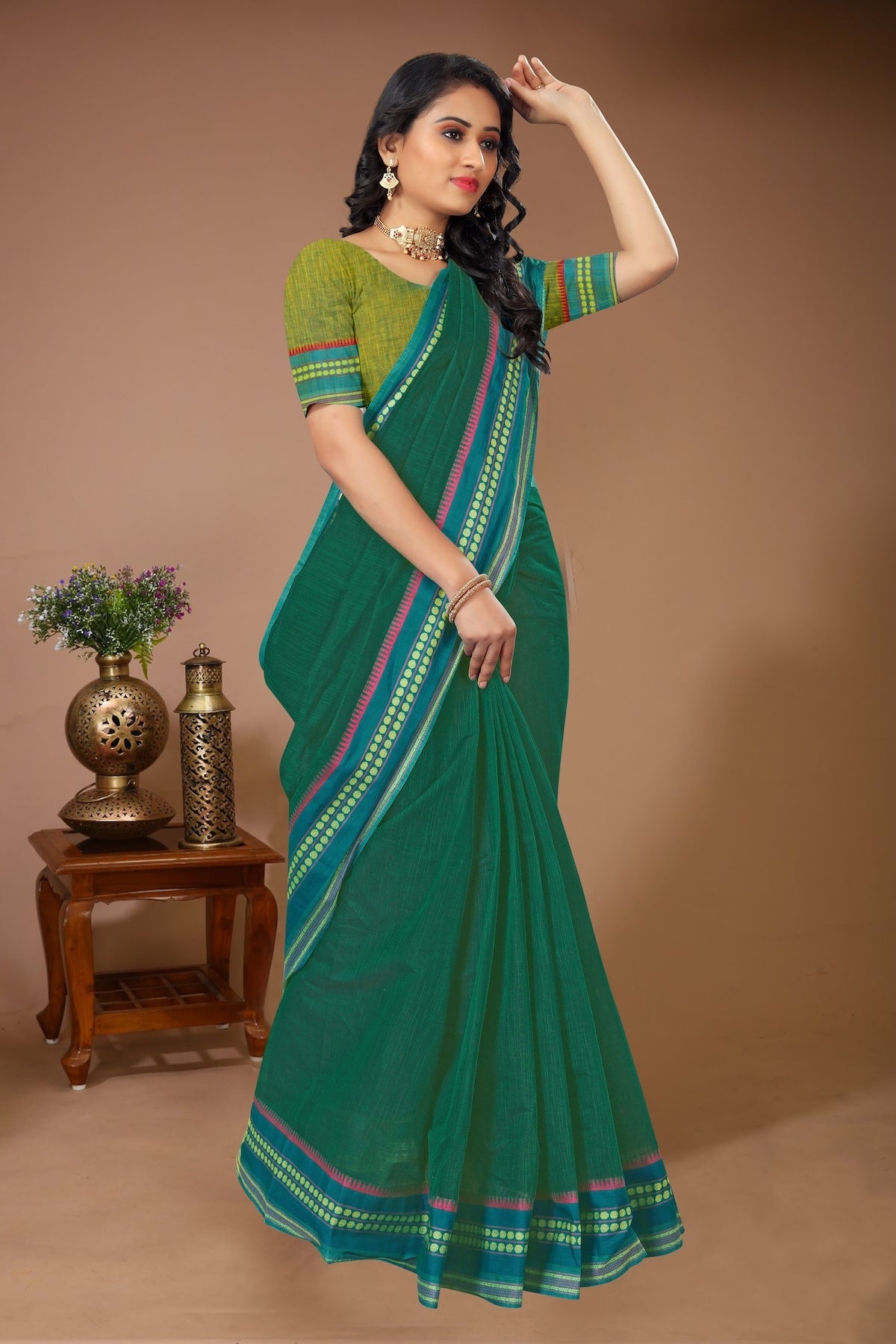 Sahaj - Green Blue Cotton Printed Saree