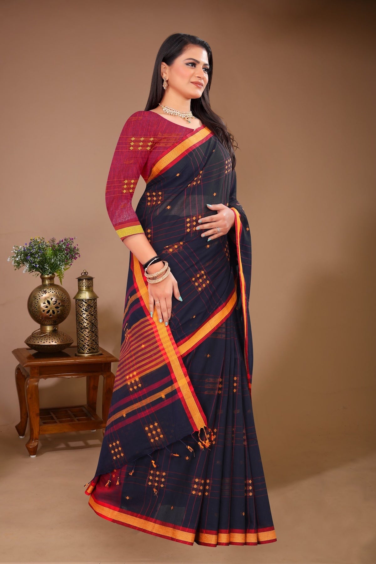 Aparajita - Black Yellow Cotton Printed Saree