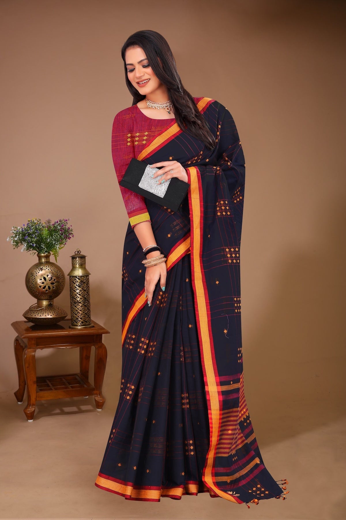 Aparajita - Black Yellow Cotton Printed Saree