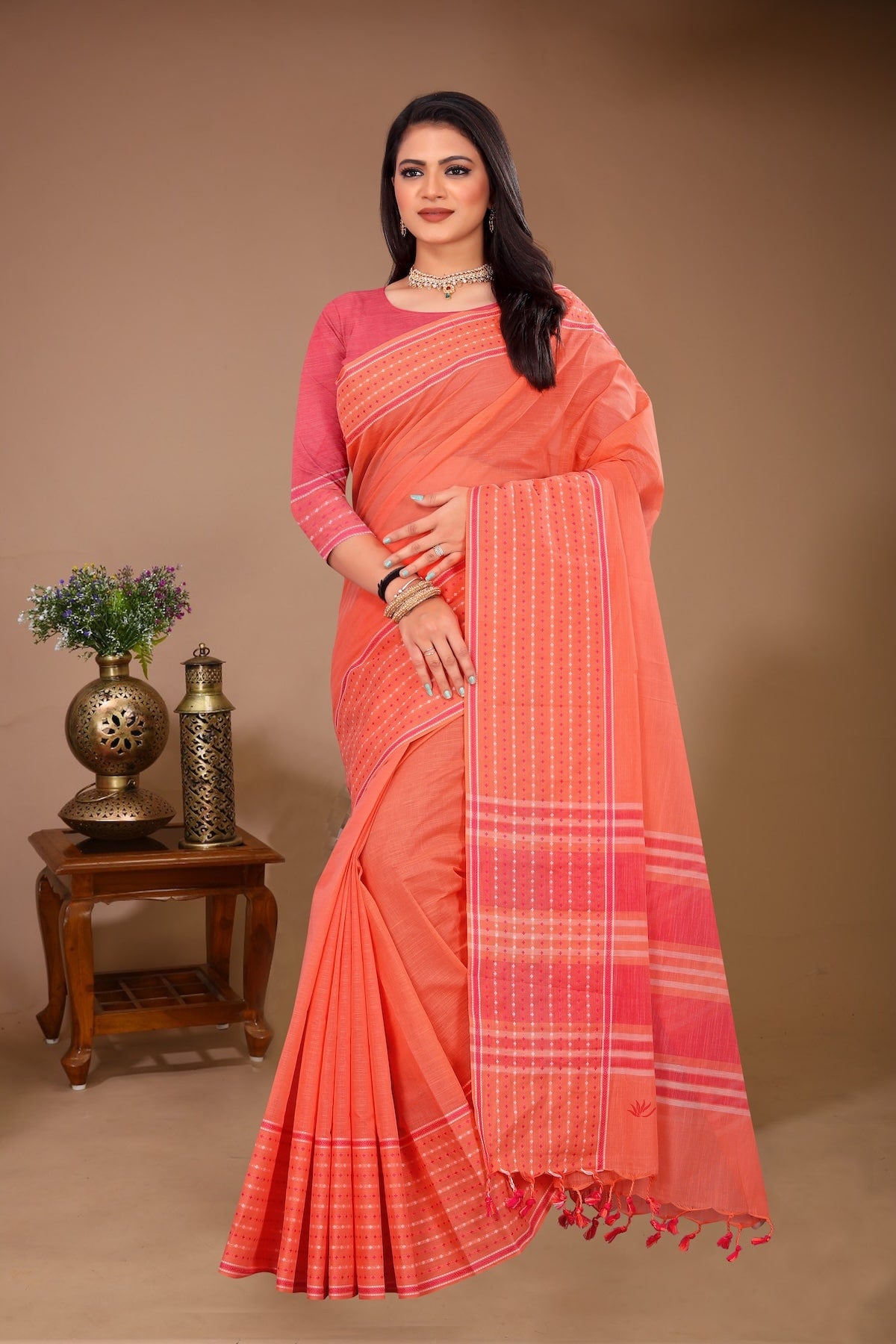 Saahil - Orange Cotton Printed Saree