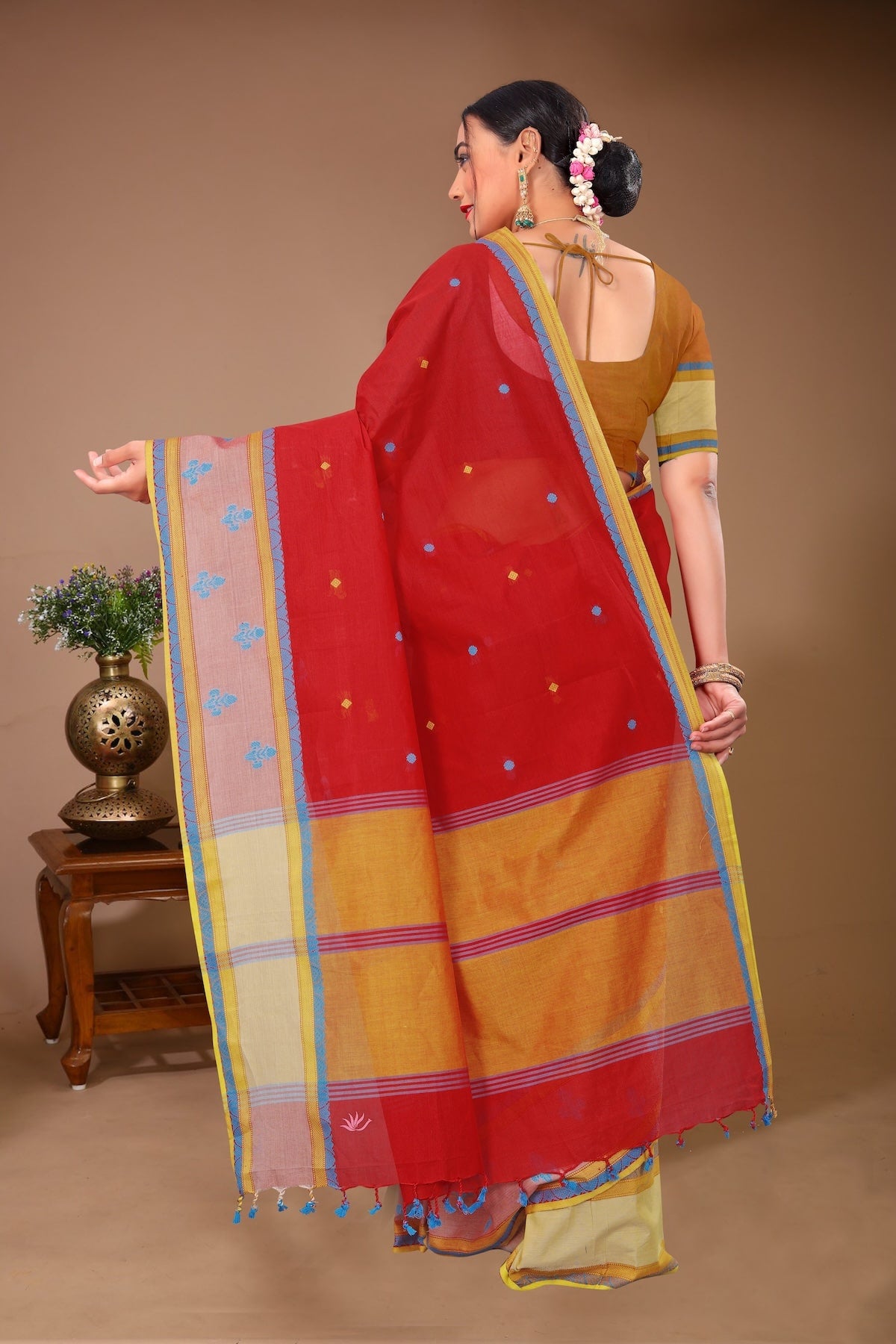 Sargam - Red Blue Cotton Printed Saree
