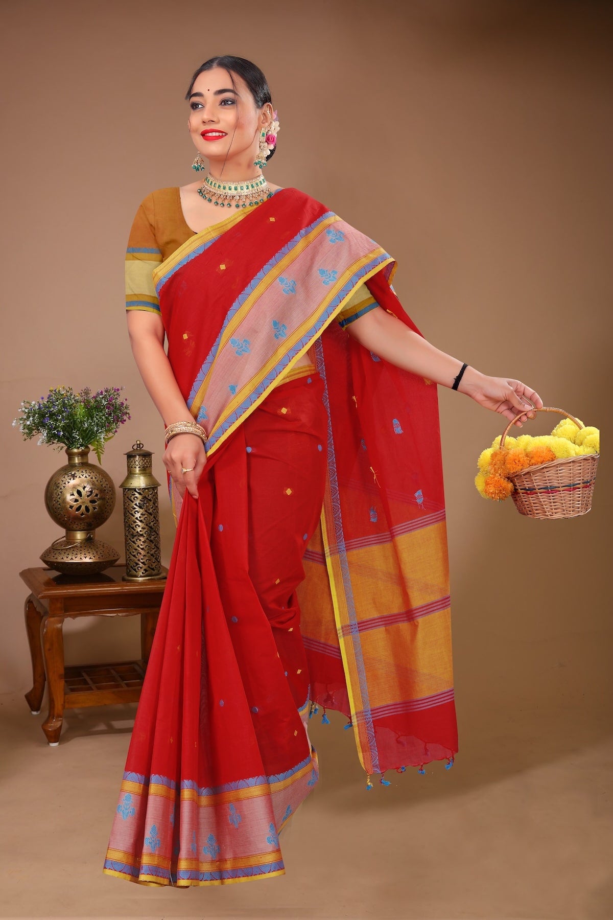 Sargam - Red Blue Cotton Printed Saree