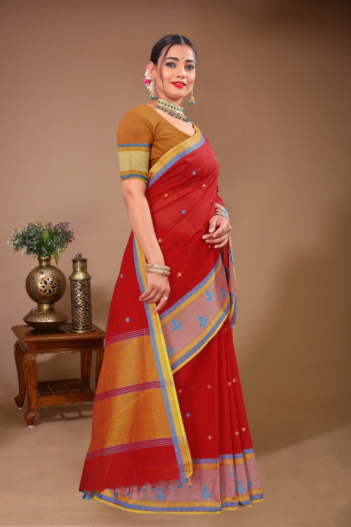 Sargam - Red Blue Cotton Printed Saree