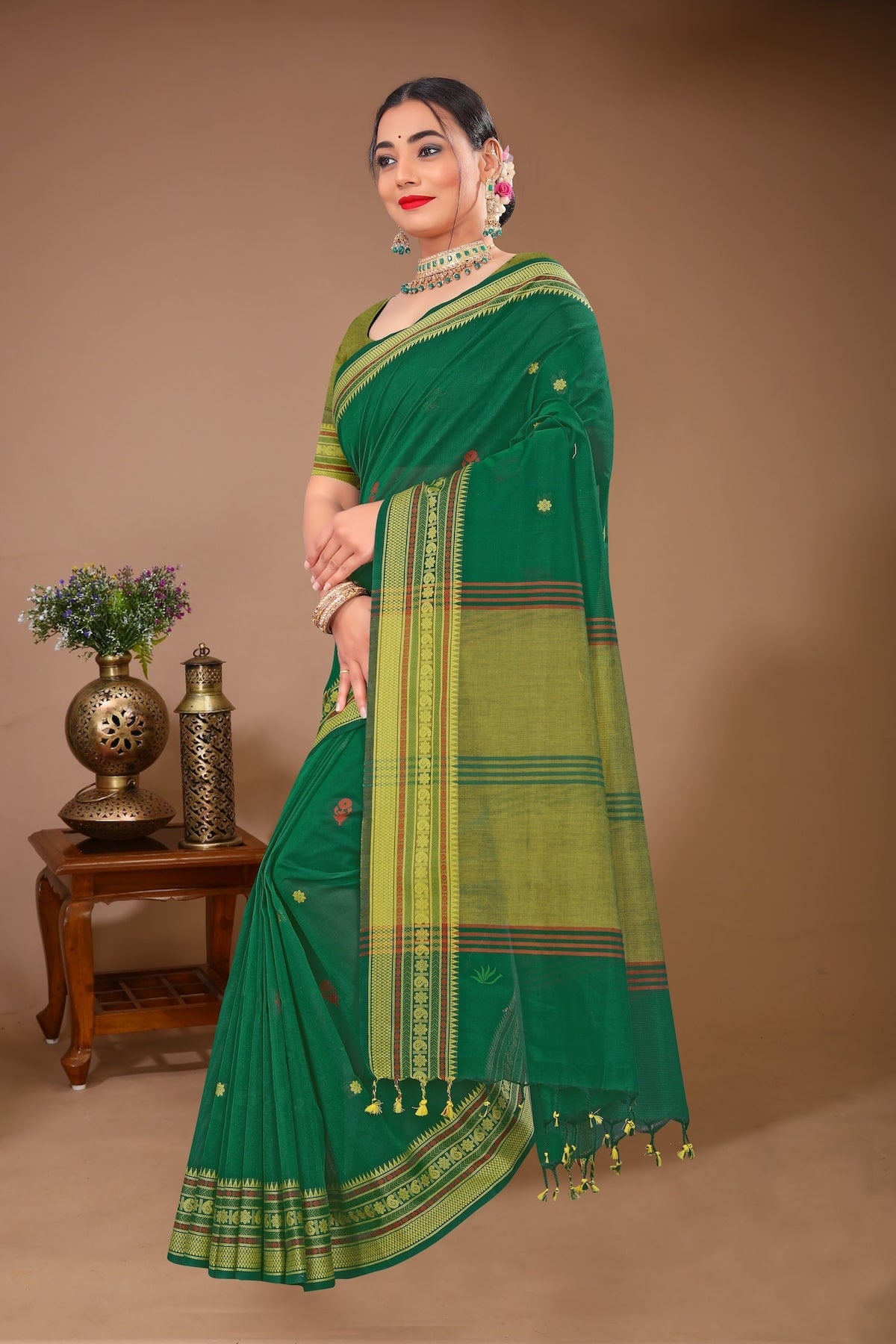 Aparajita - Green Yellow Cotton Printed Saree