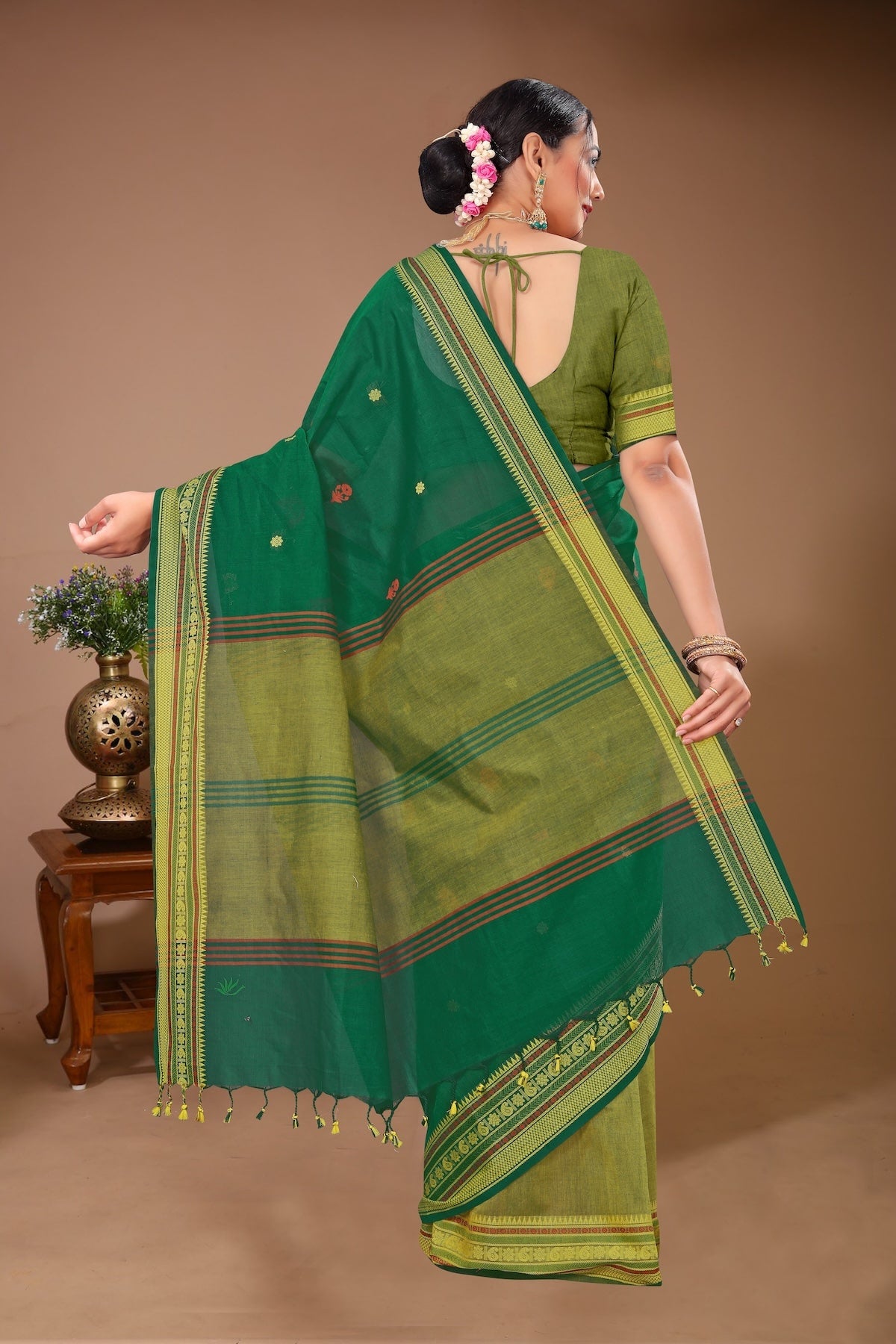 Aparajita - Green Yellow Cotton Printed Saree