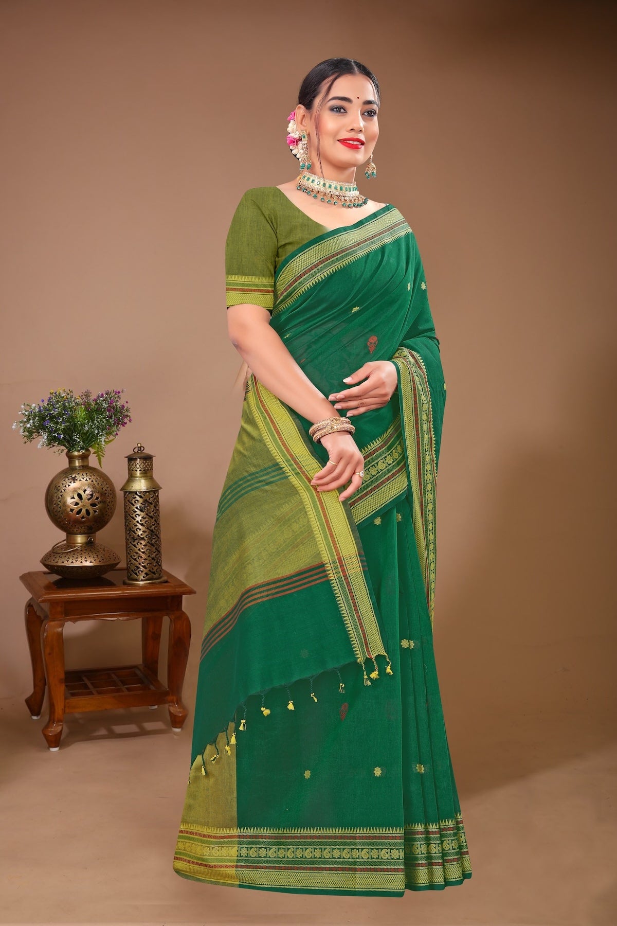 Aparajita - Green Yellow Cotton Printed Saree