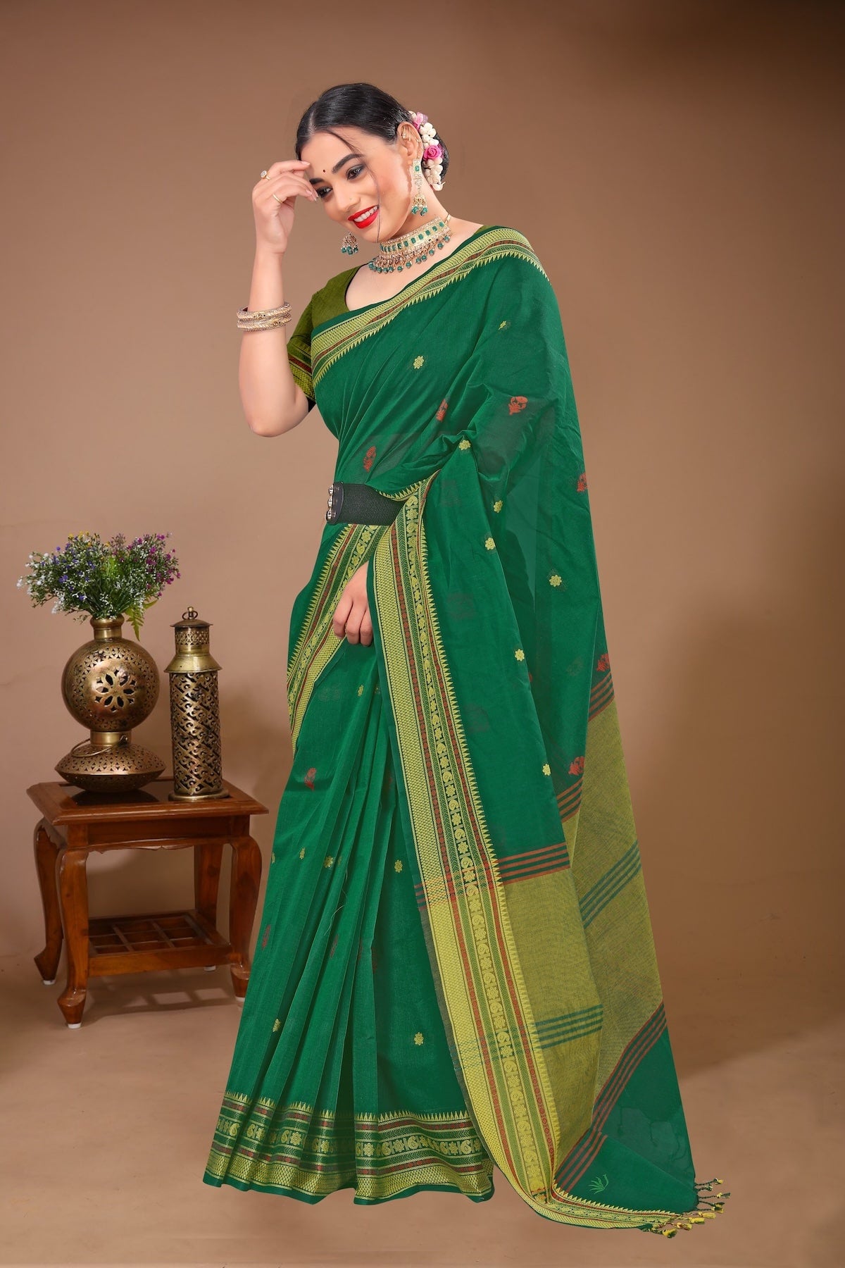 Aparajita - Green Yellow Cotton Printed Saree