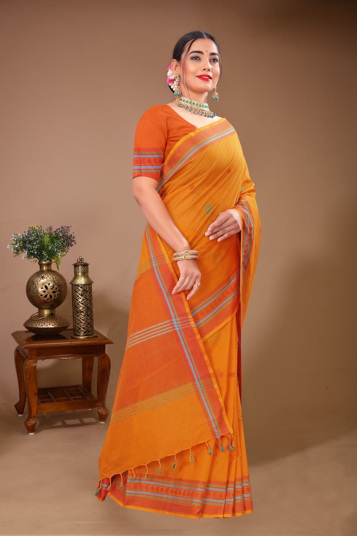 Aparajita - Orange Cotton Printed Saree