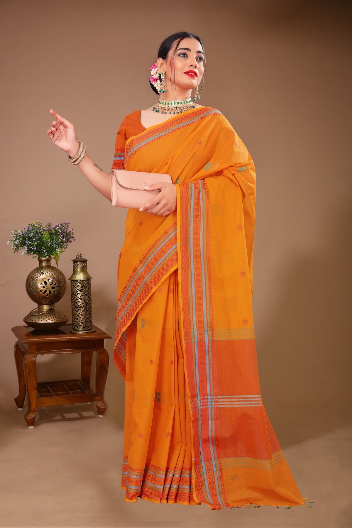 Aparajita - Orange Cotton Printed Saree