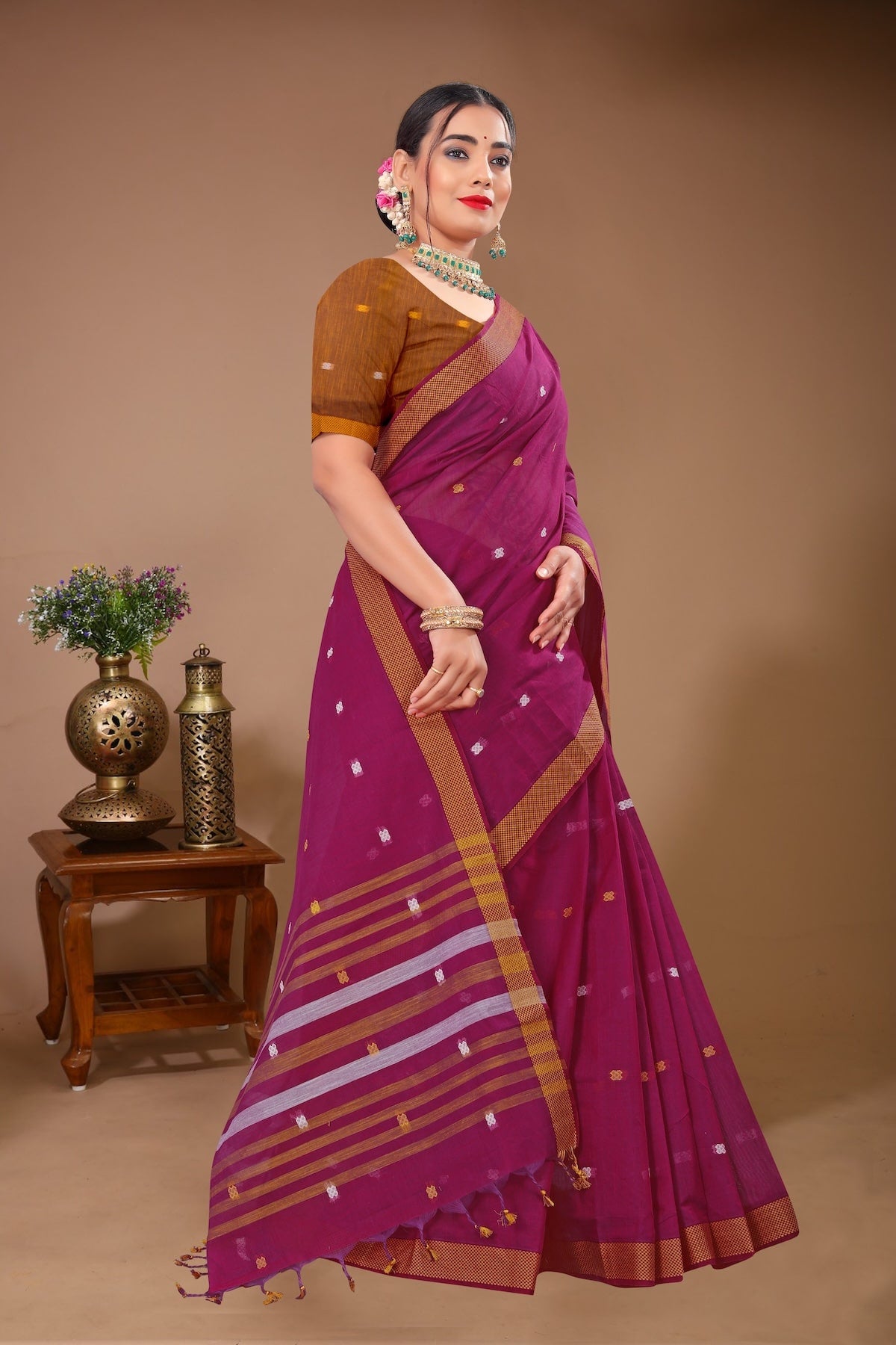 Sargam - Magenta Green Cotton Printed Saree