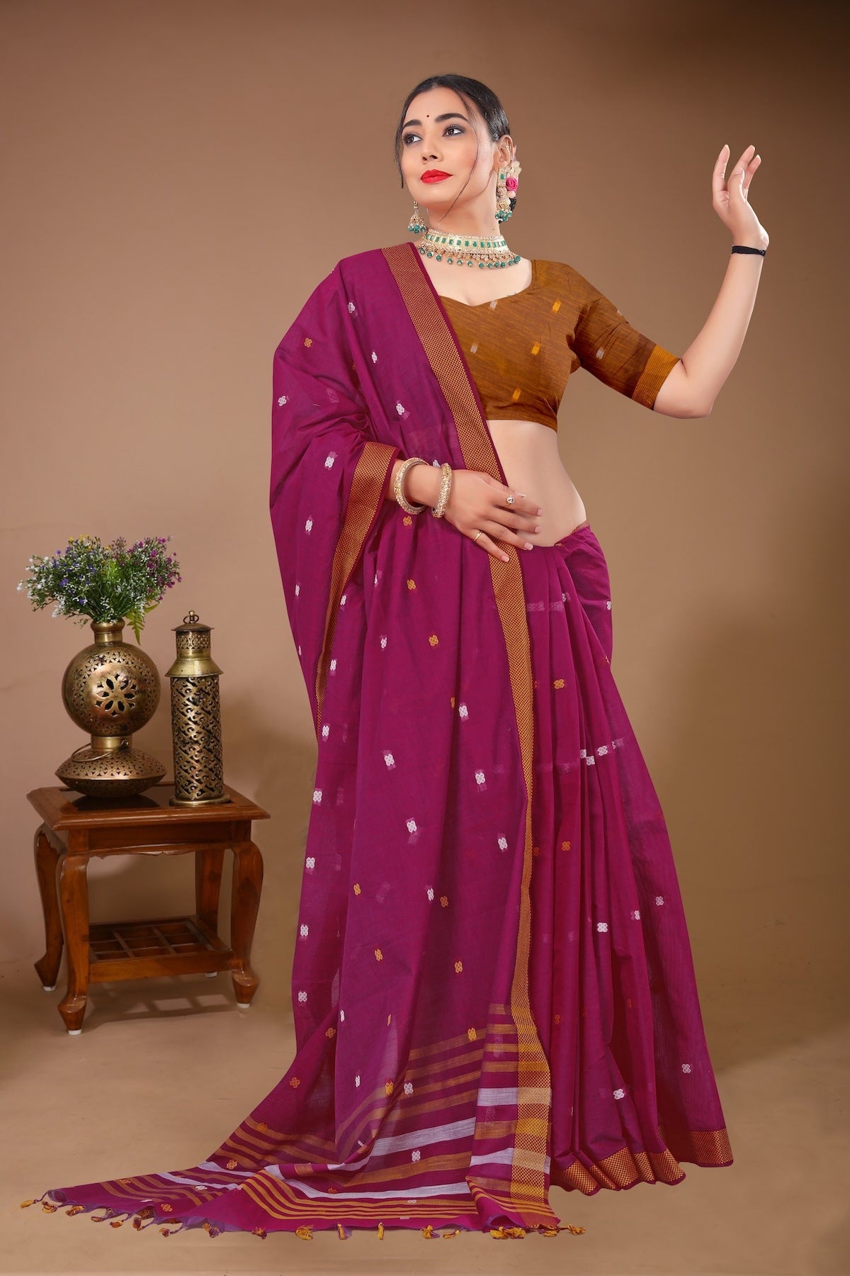 Sargam - Magenta Green Cotton Printed Saree