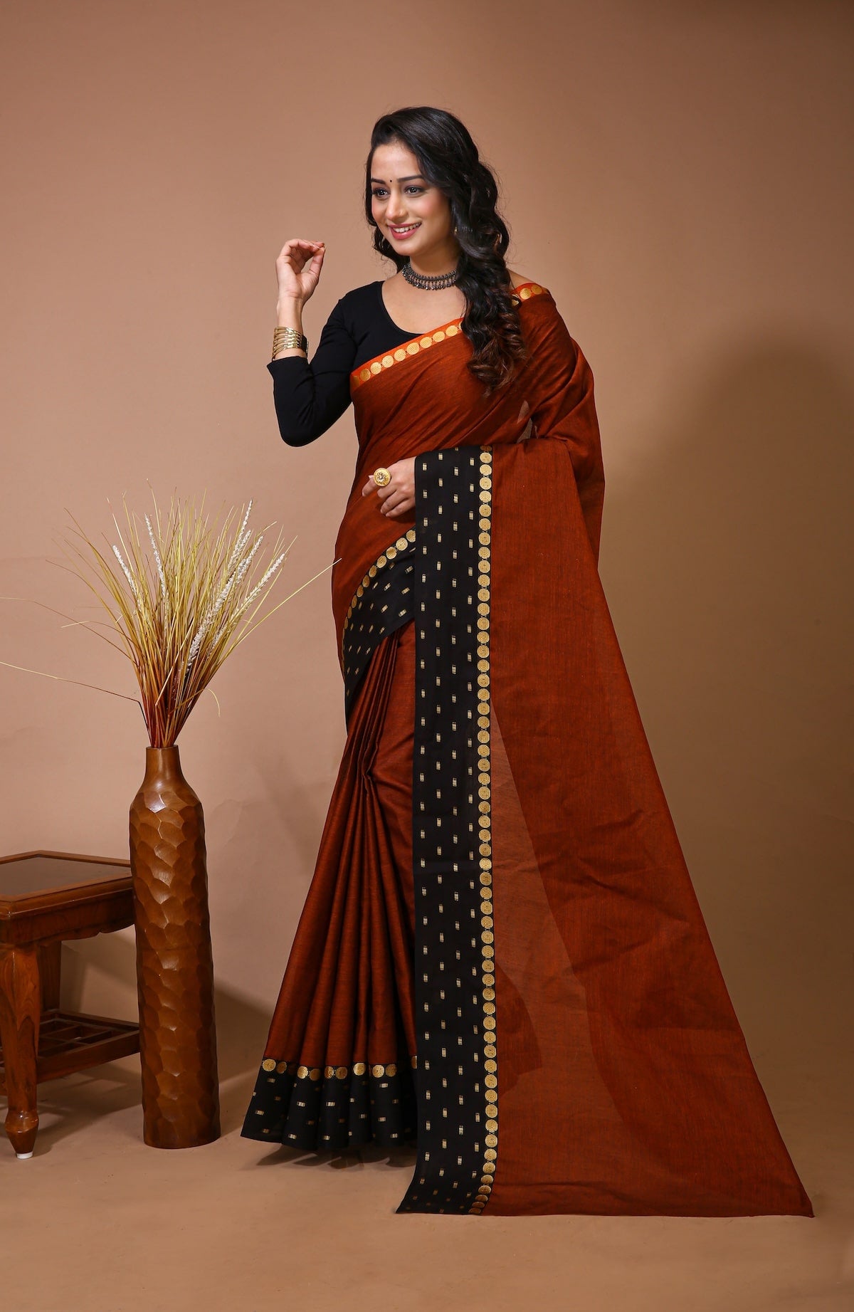 Sitara - Orange Cotton Self Design Saree